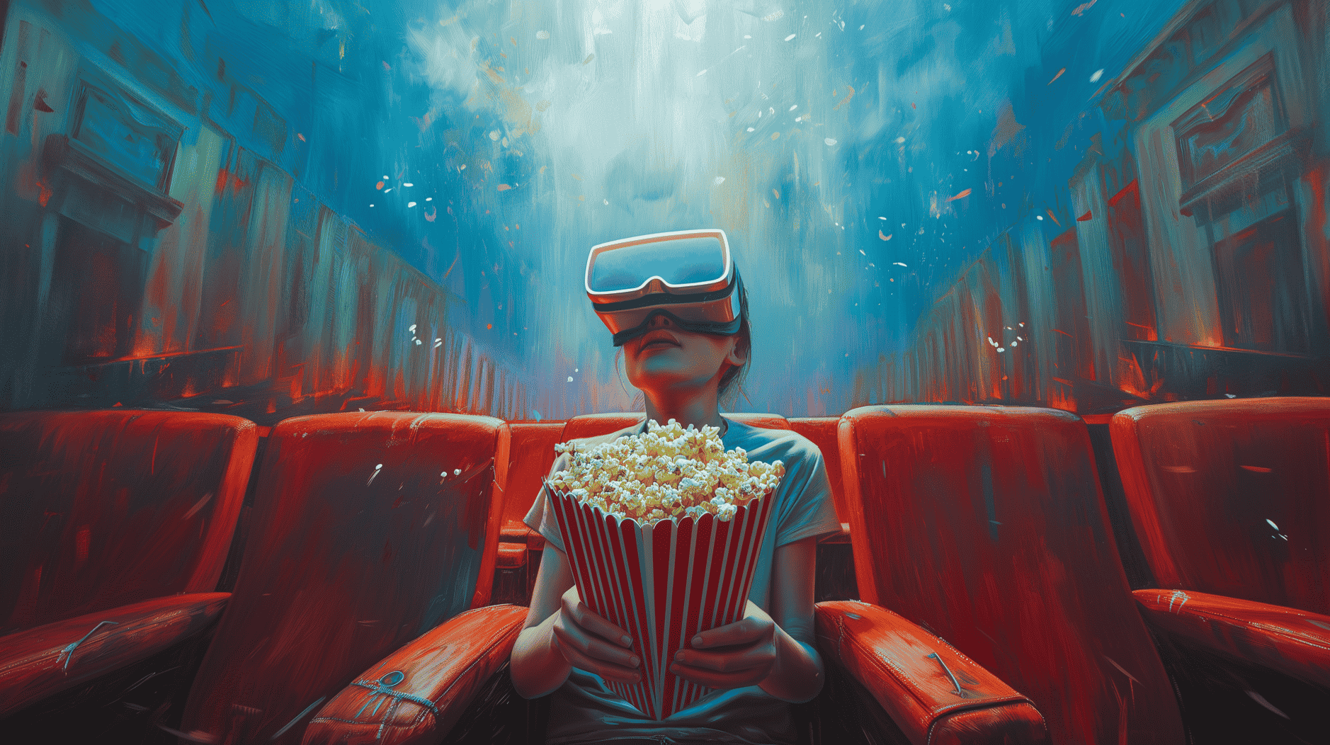 Symbolbild: Person mit VR-Brille sitzt in einem Kino-Sessel und hält Popcorn in beiden Händen.