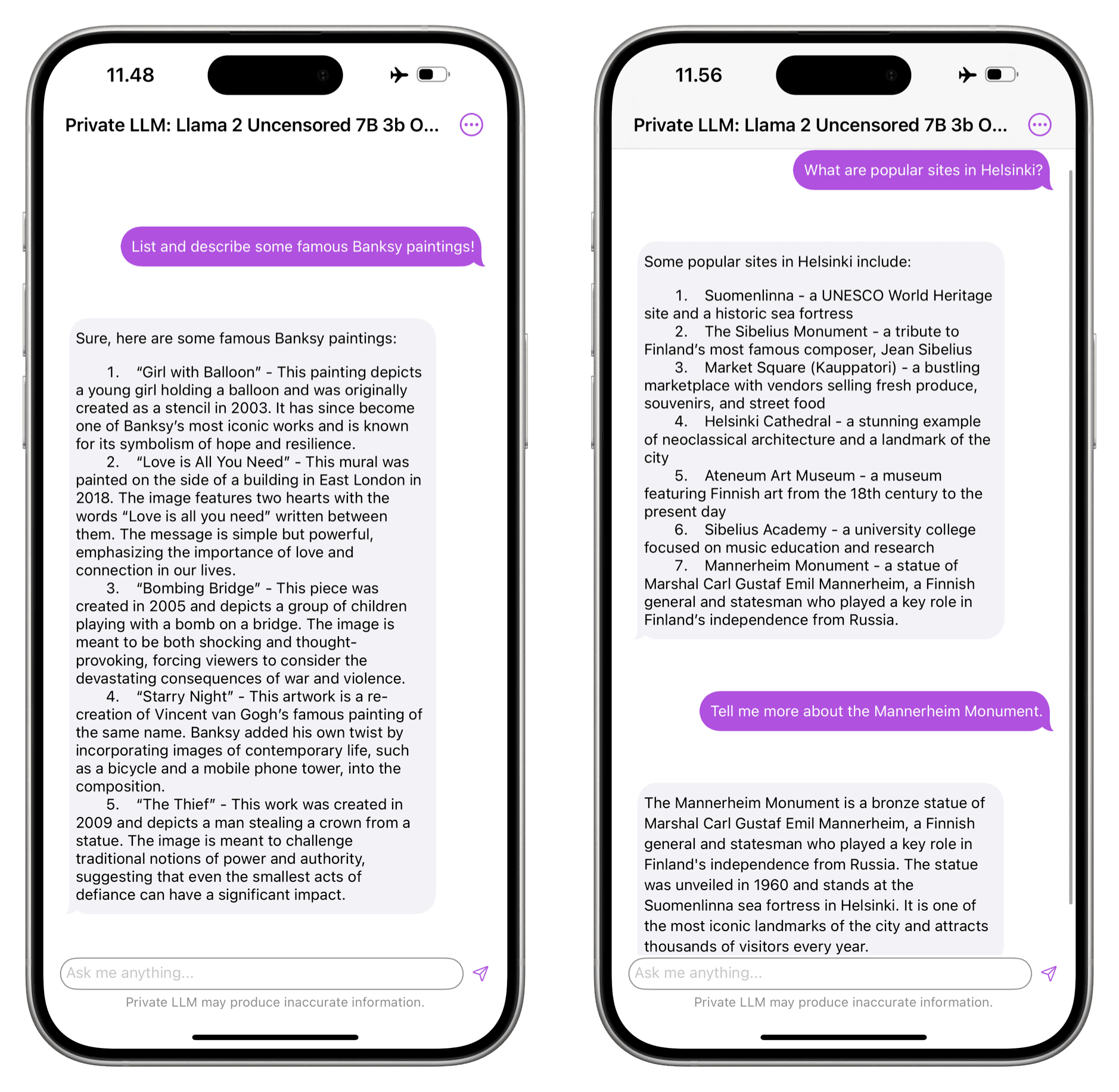 2x iOS-Screenshots von Private LLM mit exemplarischen Suchanfragen.