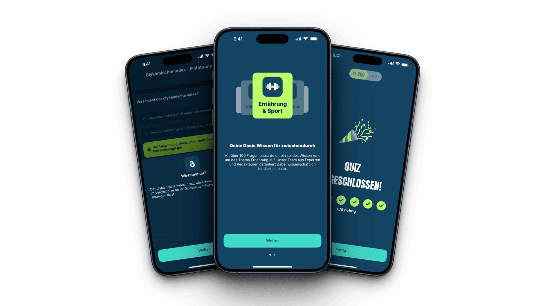3x iPhone-Screenshots der Quiz-App.