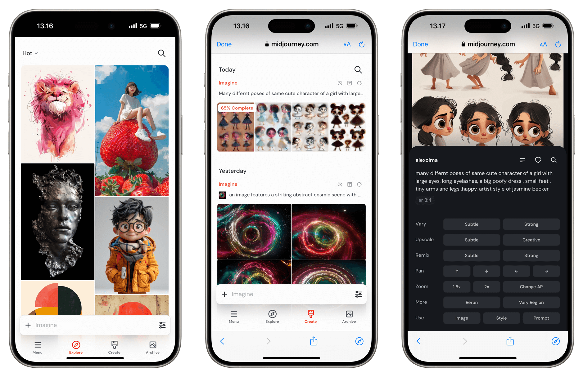 Das Bild zeigt drei Screenshots von einem iPhone, das eine KI-basierte Kunst-App namens Midjourney benutzt. Die App stellt verschiedene Kunstwerke dar, darunter ein Porträt eines Mädchens, abstrakte kosmische Szenen und die Gestaltung einer Figur mit verschiedenen Posen.