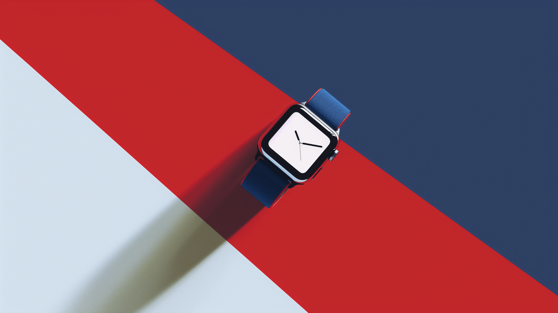 Symbolbild: Das Bild zeigt eine Apple Watch mit einem blauen Armband auf einem Hintergrund, der diagonal in rot und dunkelblau unterteilt ist und einen Schatten wirft. Die Uhr zeigt eine einfache Zifferblattanzeige mit Zeigern.