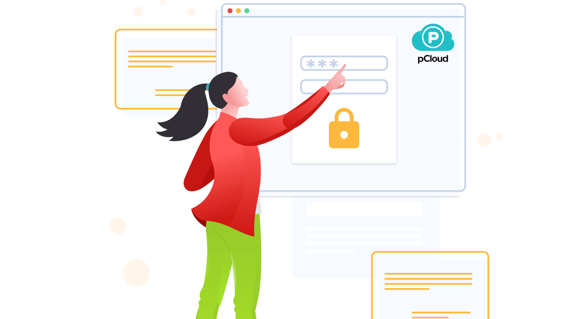 Das Bild zeigt eine illustrierte Person, die auf einen Computerbildschirm zeigt, auf dem ein Passwortfeld mit einem Schloss-Symbol und das Logo von pCloud zu sehen ist. Im Hintergrund sind schematische Darstellungen von Webseiten-Elementen zu erkennen.