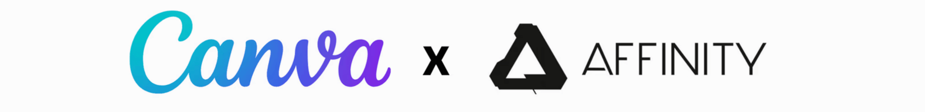 Das Bild zeigt die Logos von zwei Design-Softwareunternehmen: Canva und Affinity. Sie sind durch ein 'X' verbunden, was eine Partnerschaft oder Zusammenarbeit zwischen den beiden Unternehmen andeutet.