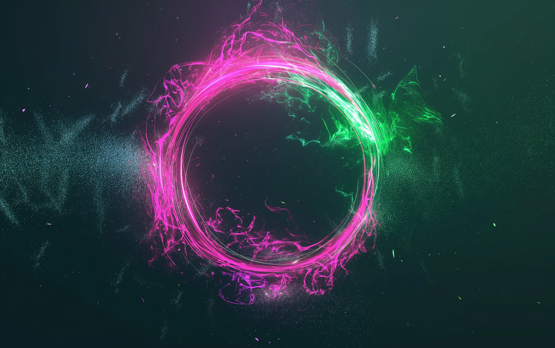 Das Bild zeigt einen leuchtenden, abstrakten Energiestrom in Pink und Grün, der sich wirbelnd gegen einen nächtlichen, sternbesäten Hintergrund abhebt. Es vermittelt den Eindruck einer dynamischen, kosmischen Szene.