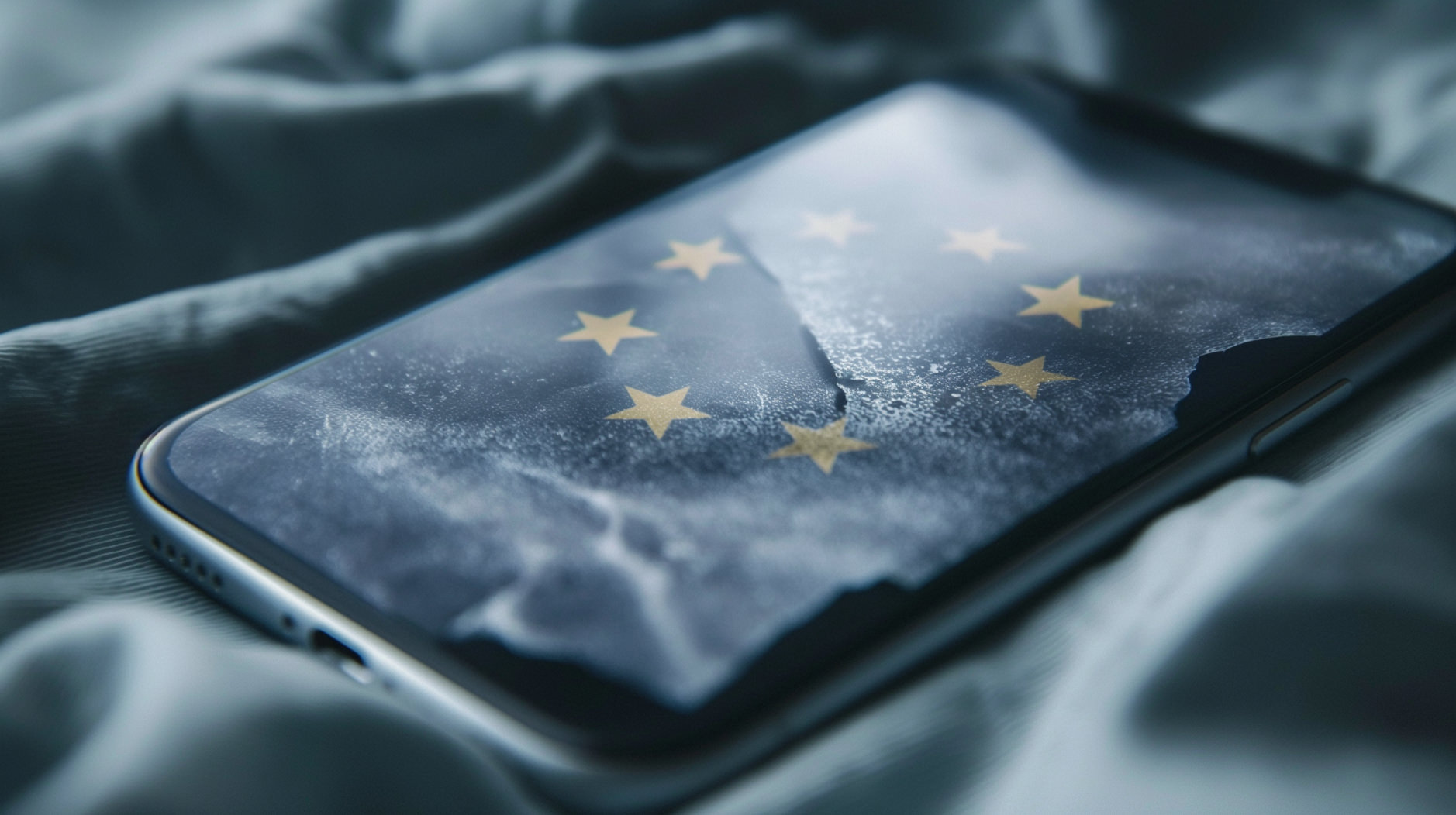 Das Bild zeigt ein iPhone, das auf einer welligen, texturierten Oberfläche liegt. Auf dem Bildschirm des Telefons ist eine grafische Darstellung der Flagge der Europäischen Union zu sehen, die aus einem Kreis von zwölf goldenen Sternen auf dunklem Hintergrund besteht.