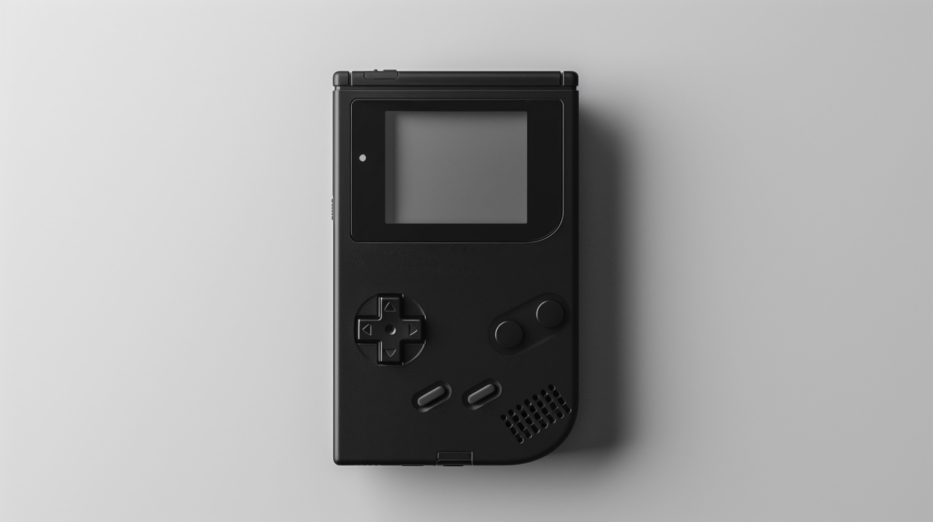 Das Bild zeigt einen schwarzen Handheld-Spielekonsole auf einem weißen Hintergrund. Die Konsole hat ein Steuerkreuz auf der linken Seite, zwei runde Tasten auf der rechten Seite, sowie zwei längliche Tasten darunter und einen kleinen Bildschirm in der Mitte.
