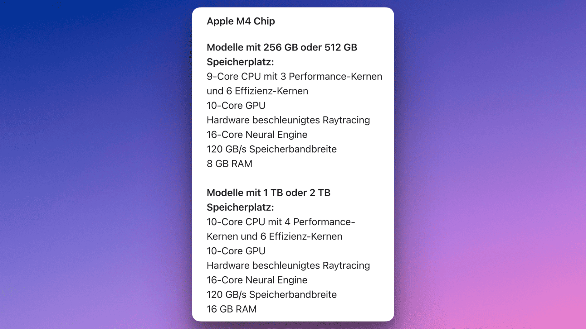 Das Bild zeigt eine Grafik mit technischen Spezifikationen von zwei Computermodellen. Die Modelle unterscheiden sich in Speichergröße und RAM, wobei das obere Modell 256 GB oder 512 GB Speicher und 8 GB RAM hat, während das untere Modell 1 TB oder 2 TB Speicher und 16 GB RAM bietet.