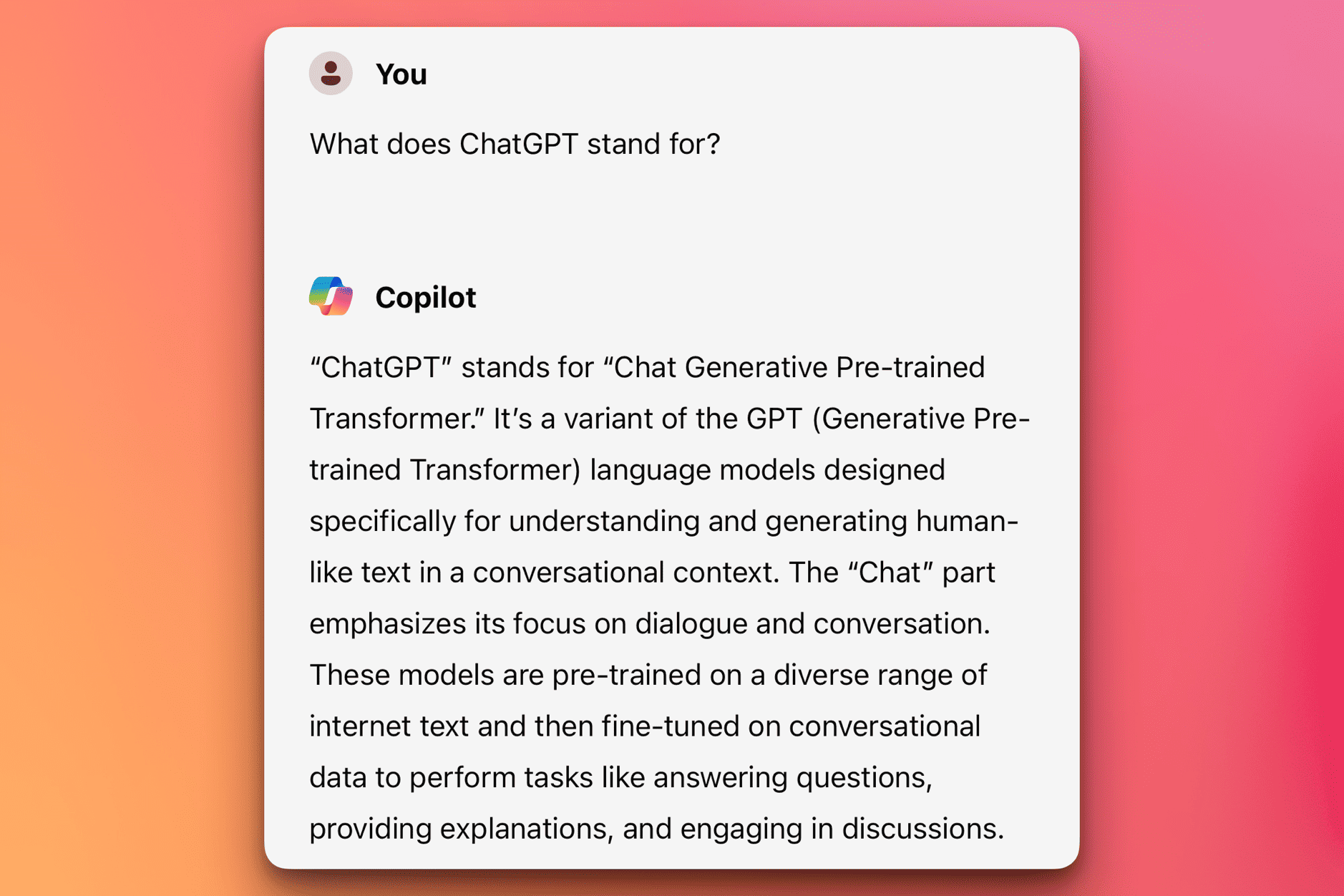 Das Bild zeigt einen geöffneten Chat auf einem Computerbildschirm, in dem eine Frage nach der Bedeutung von “ChatGPT” gestellt wird. Die Antwort erklärt, dass “ChatGPT” für “Chat Generative Pre-trained Transformer” steht und ein Sprachmodell ist, das speziell für die Erzeugung von Text in einer Konversationsumgebung entwickelt wurde.