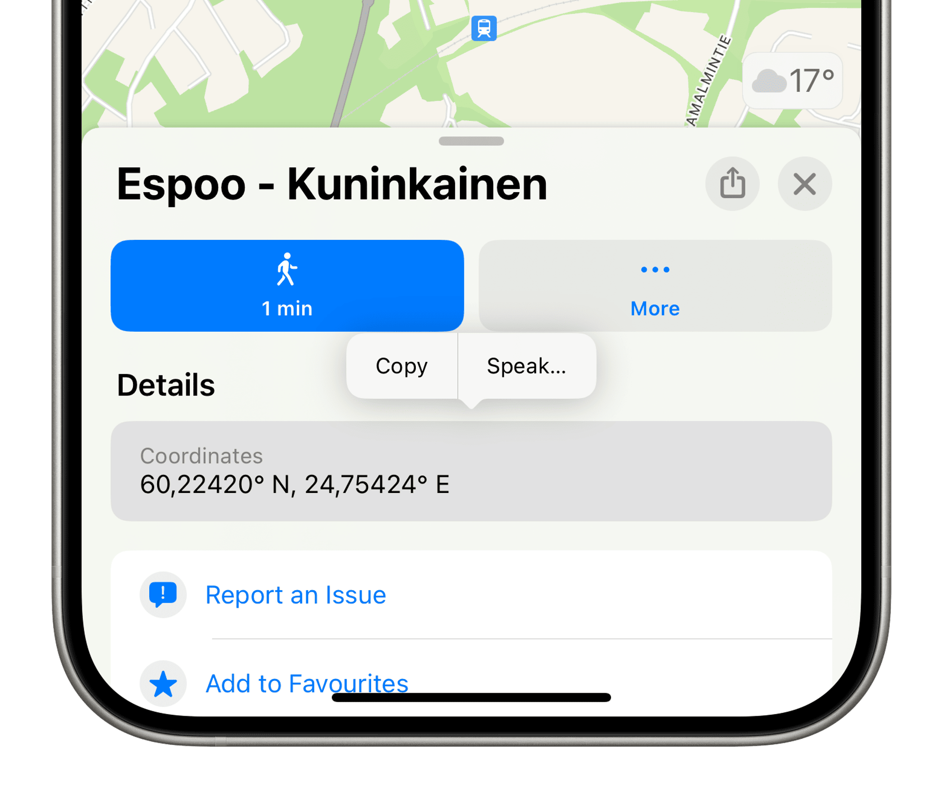 Das Bild zeigt einen Smartphone-Bildschirm mit einer geöffneten Karten-App, die den Standort “Espoo - Kuninkaainen” anzeigt. Es sind Koordinaten sichtbar, und es gibt Optionen zum Kopieren oder Sprechen der Details sowie eine Wetteranzeige, die 17 Grad anzeigt.