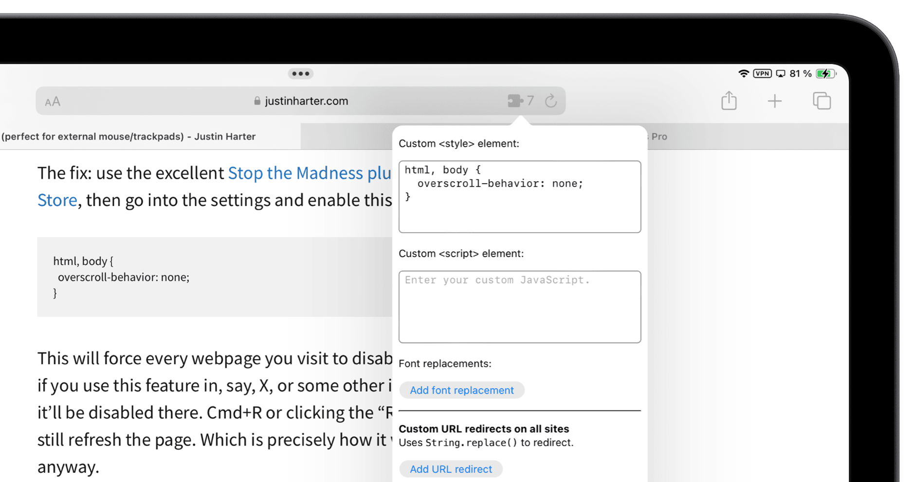 iPad-Screenshot zeigt die Safari-Erweiterung StopTheMadness.