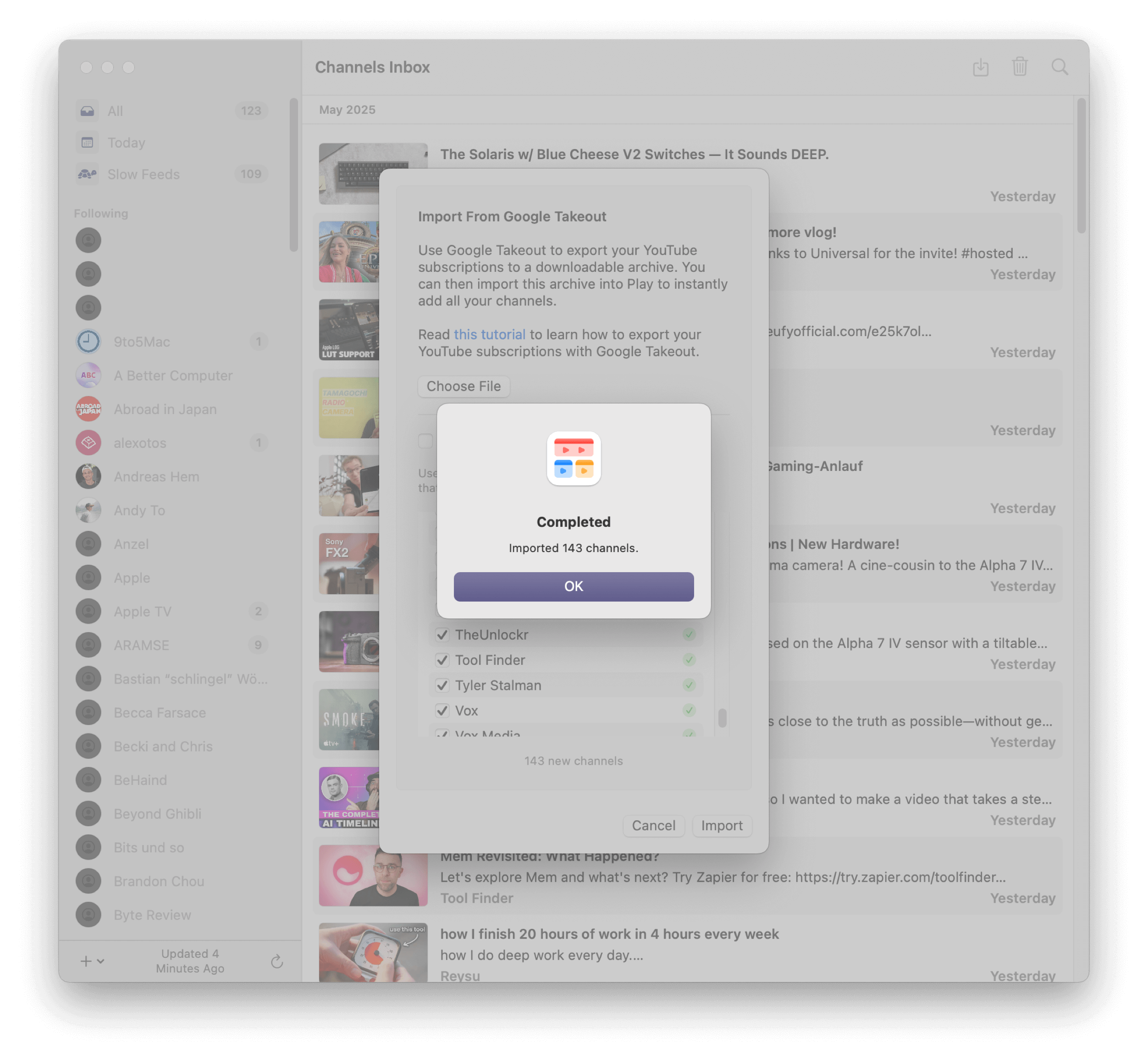 Das Bild zeigt eine Benutzeroberfläche für den Import von YouTube-Kanälen über Google Takeout. Es wird angezeigt, dass 143 Kanäle erfolgreich importiert wurden. Ein Bestätigungsfenster fordert den Benutzer auf, den Vorgang mit "OK" abzuschließen.