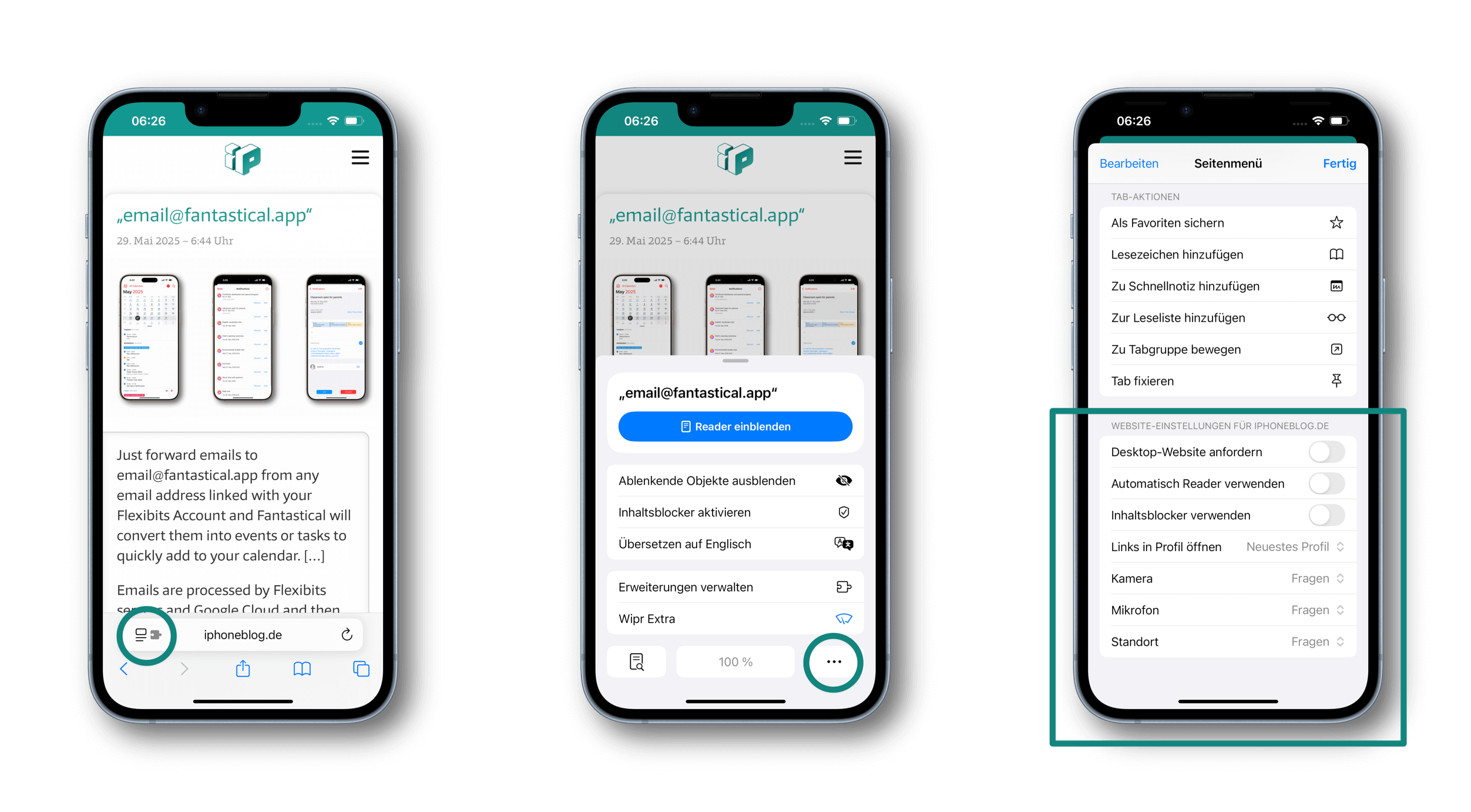 Das Bild zeigt drei Smartphone-Ansichten einer Website, die mit einer E-Mail-Adresse verknüpft ist. Auf dem Bildschirm wird erklärt, wie man E-Mails an die Adresse "email@fantastical.app" weiterleiten kann, um sie in Kalenderereignisse umzuwandeln. Zudem sind verschiedene Menüoptionen und Einstellungen sichtbar, wie etwa das Anpassen von Webseitenfunktionen.