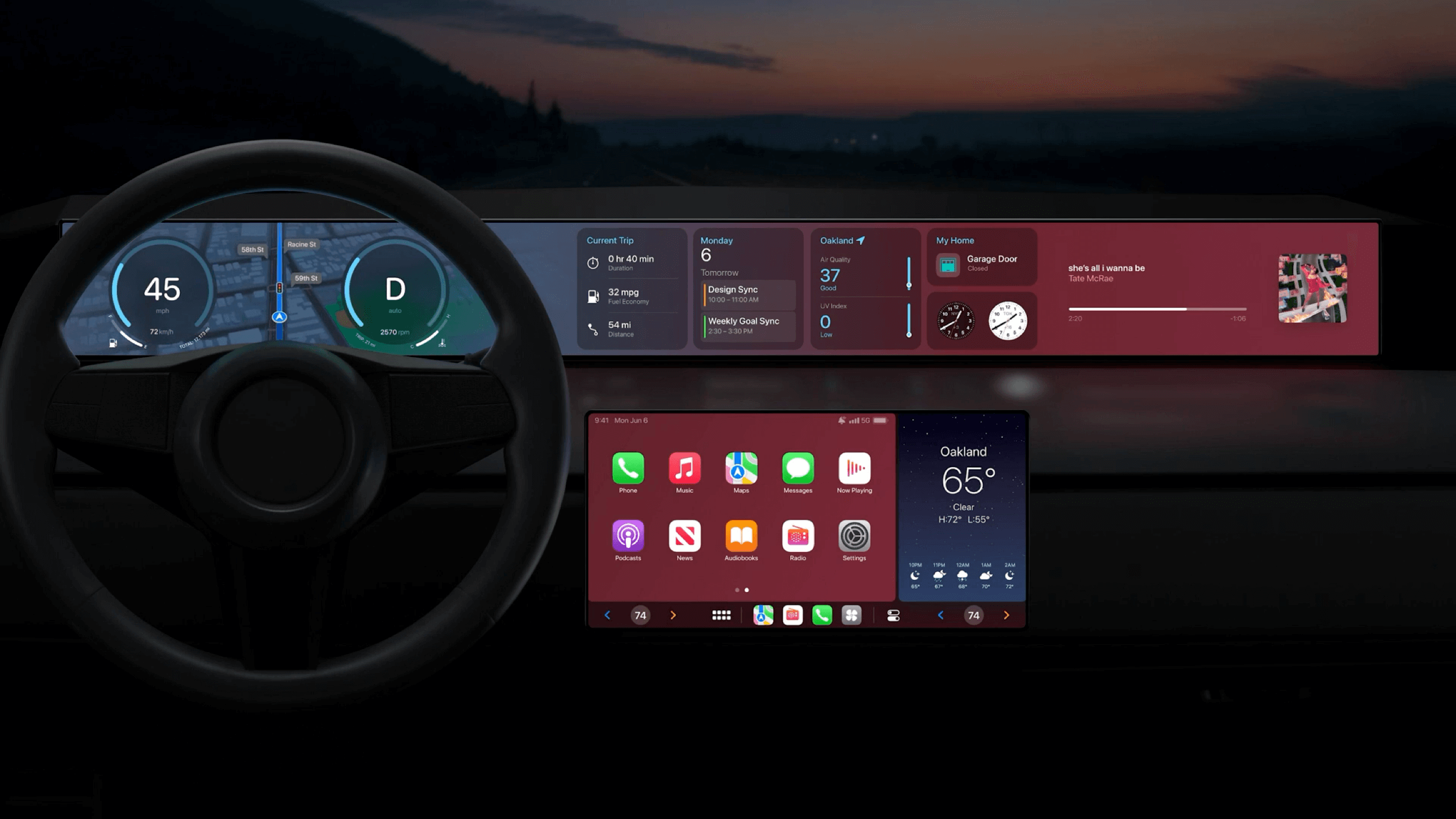 Das Bild zeigt das Dashboard eines Autos in einem modernen Design. Auf dem Display sind wichtige Informationen wie Geschwindigkeit, Navi-Anweisungen und Wettervorhersagen angezeigt. Der Innenraum wirkt futuristisch und benutzerfreundlich, mit verschiedenen Apps und Funktionen, die leicht zugänglich sind.