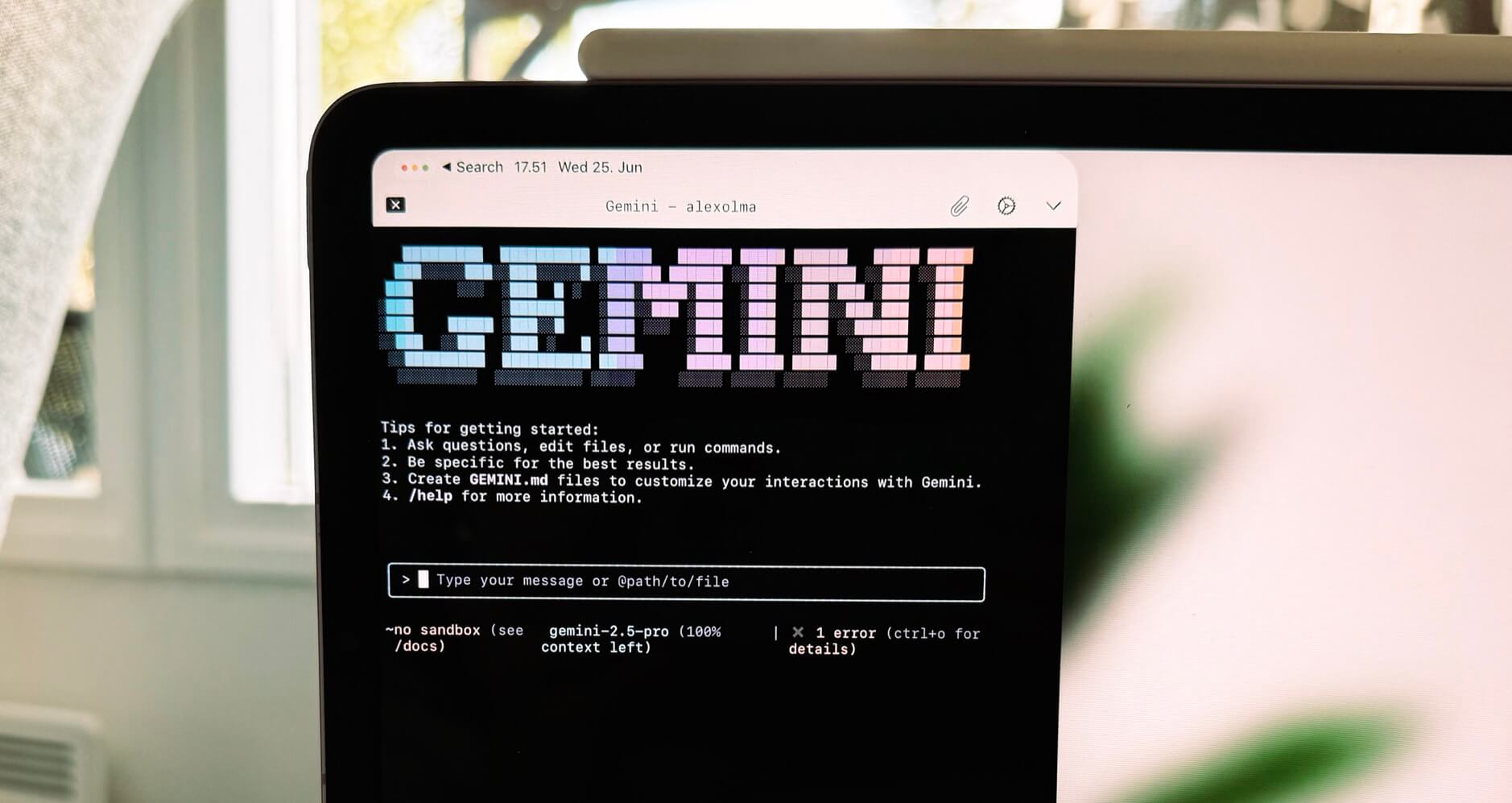 Screenshot of the Gemini interface on a laptop screen, displaying the word "GEMINI" in pixelated blue, pink, and white text. Below are usage tips and a prompt field for typing a message or file path, along with status information about a sandbox and error.
