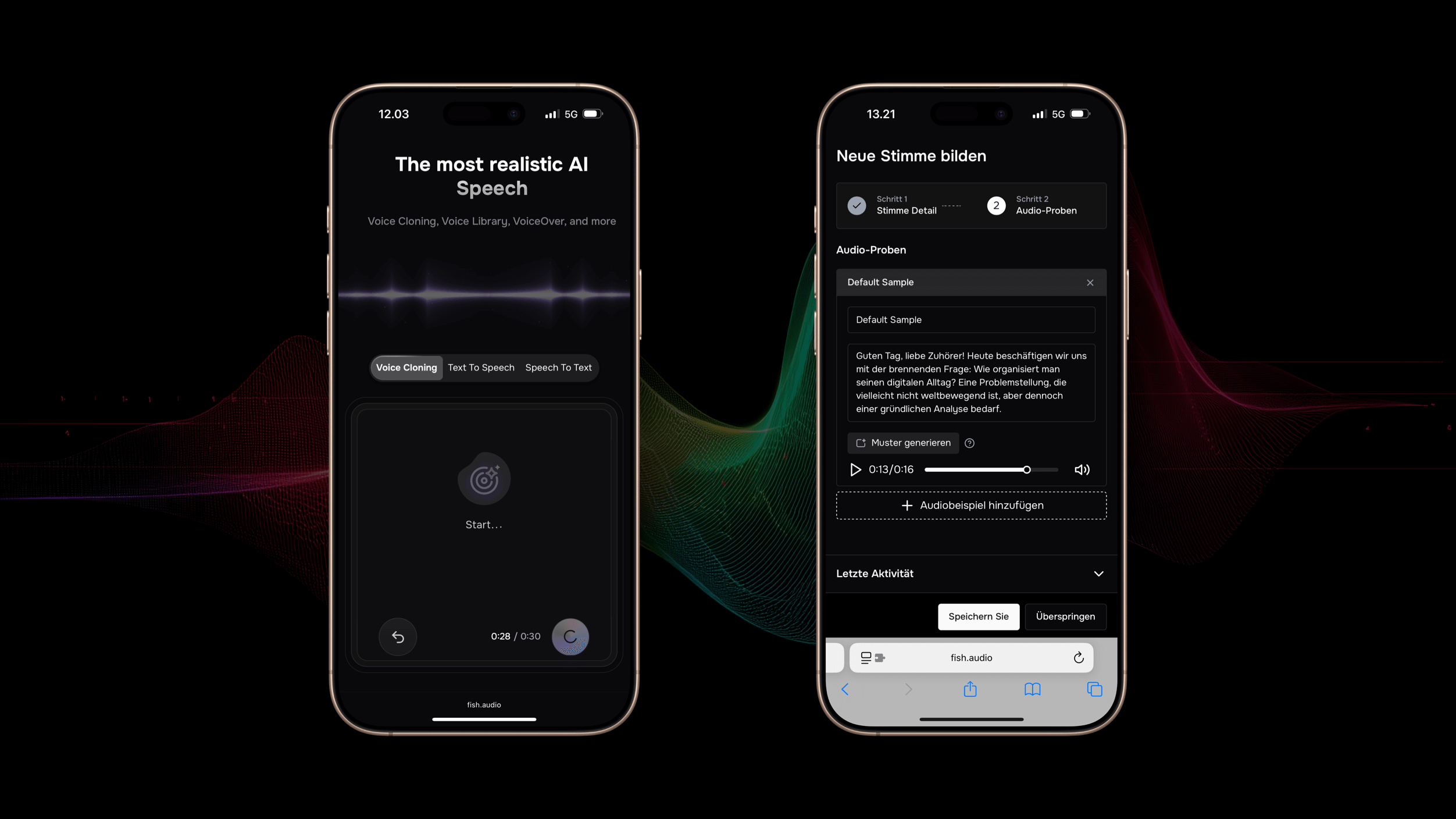 Das Bild zeigt zwei Smartphones mit einer Benutzeroberfläche für eine Anwendung zur Sprachsynthese. Auf der linken Seite wird die Funktion „Voice Cloning“ hervorgehoben, während auf der rechten Seite Optionen zur Erstellung einer neuen Stimme angezeigt werden. Beide Bildschirme sind in einem modernen und ansprechenden Design gehalten, begleitet von grafischen Wellen im Hintergrund.