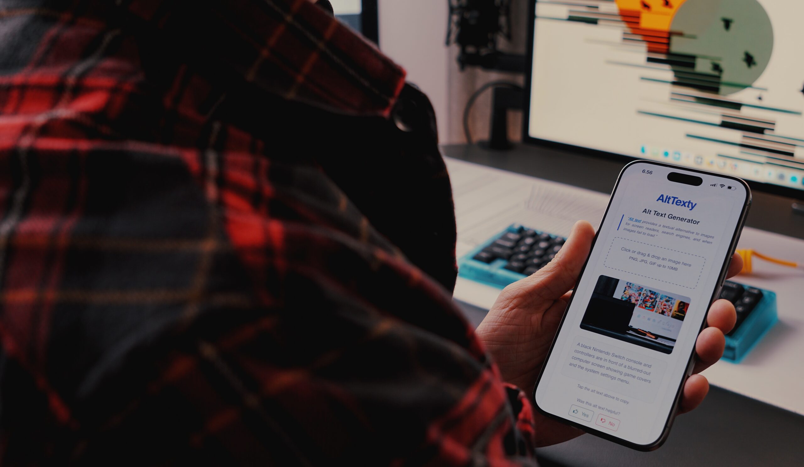 A person wearing a red and black plaid shirt holds a smartphone displaying the "AltTexty" app interface, showcasing its image upload functionality and the generated alternative text for an uploaded image of a Nintendo Switch console.