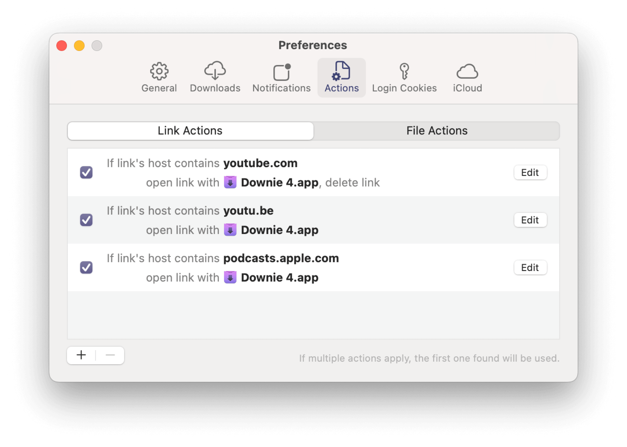 Screenshot of a macOS Preferences window, highlighting the "Actions" tab. Three custom link actions are displayed: one for youtube.com, one for youtu.be, and one for podcasts.apple.com, all set to open with Downie 4.app. The window has buttons for adding or removing actions.