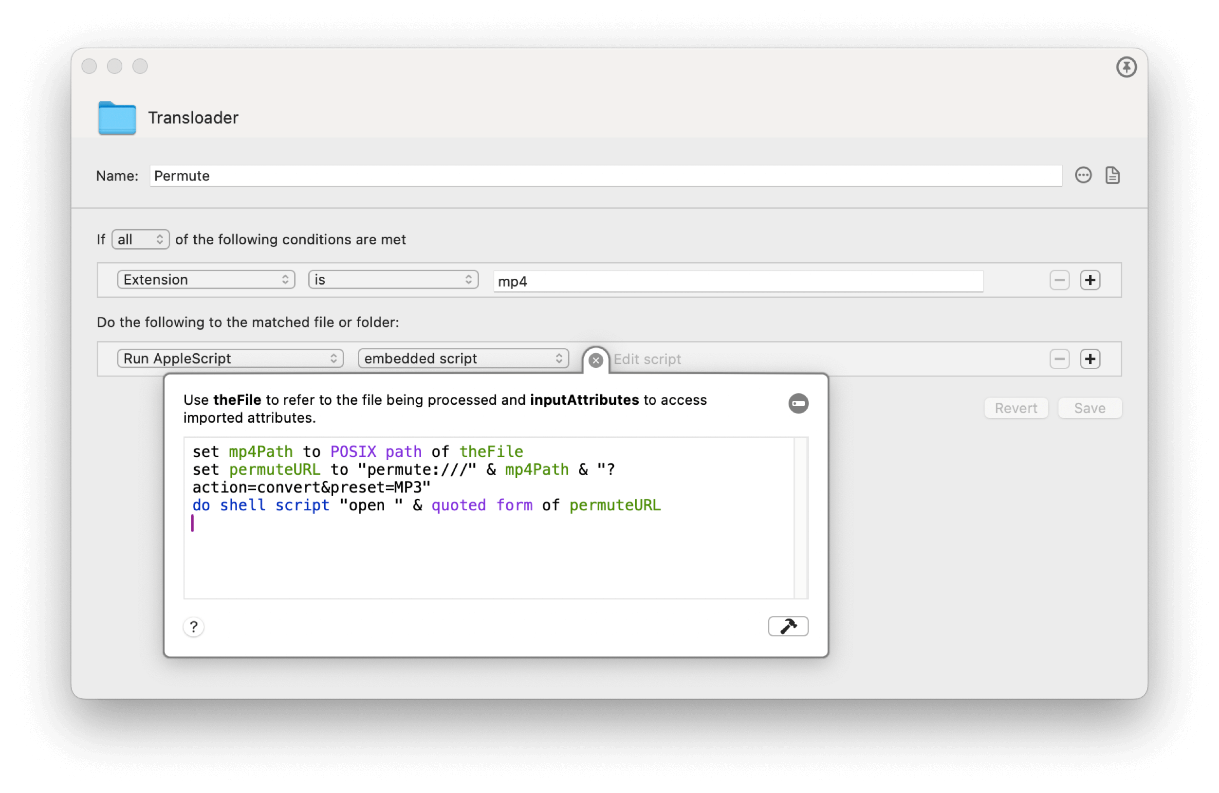 Screenshot of a Transloader application window, displaying a script editor for a rule named "Permute" designed to process .mp4 files. The interface shows a condition "Extension is mp4" and an AppleScript that converts the file to MP3 using the "Permute" tool, and a "Save" button.