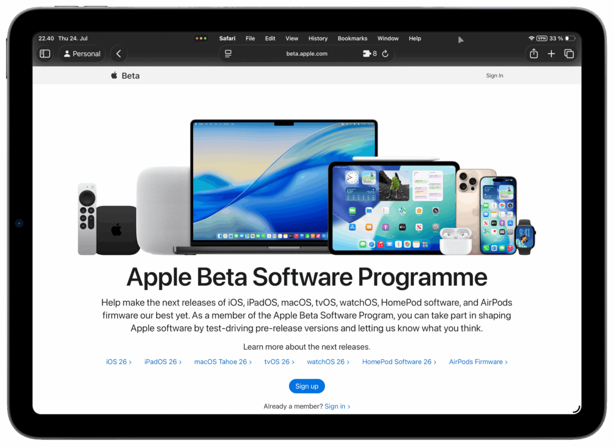 A product shot featuring a variety of Apple devices including a MacBook Pro, iPad with Apple Pencil, iPhone 14 Pro, Apple Watch, AirPods, Apple TV, Apple TV Remote, and HomePod, set against a white background with the headline "Apple Beta Software Programme".

