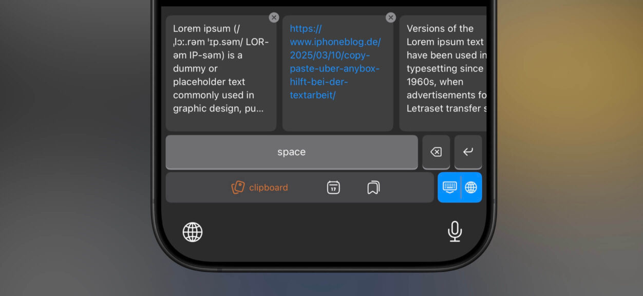 Smartphone screen displaying a keyboard with a "space" key, with text snippets above, including "Lorem ipsum" and a URL.
