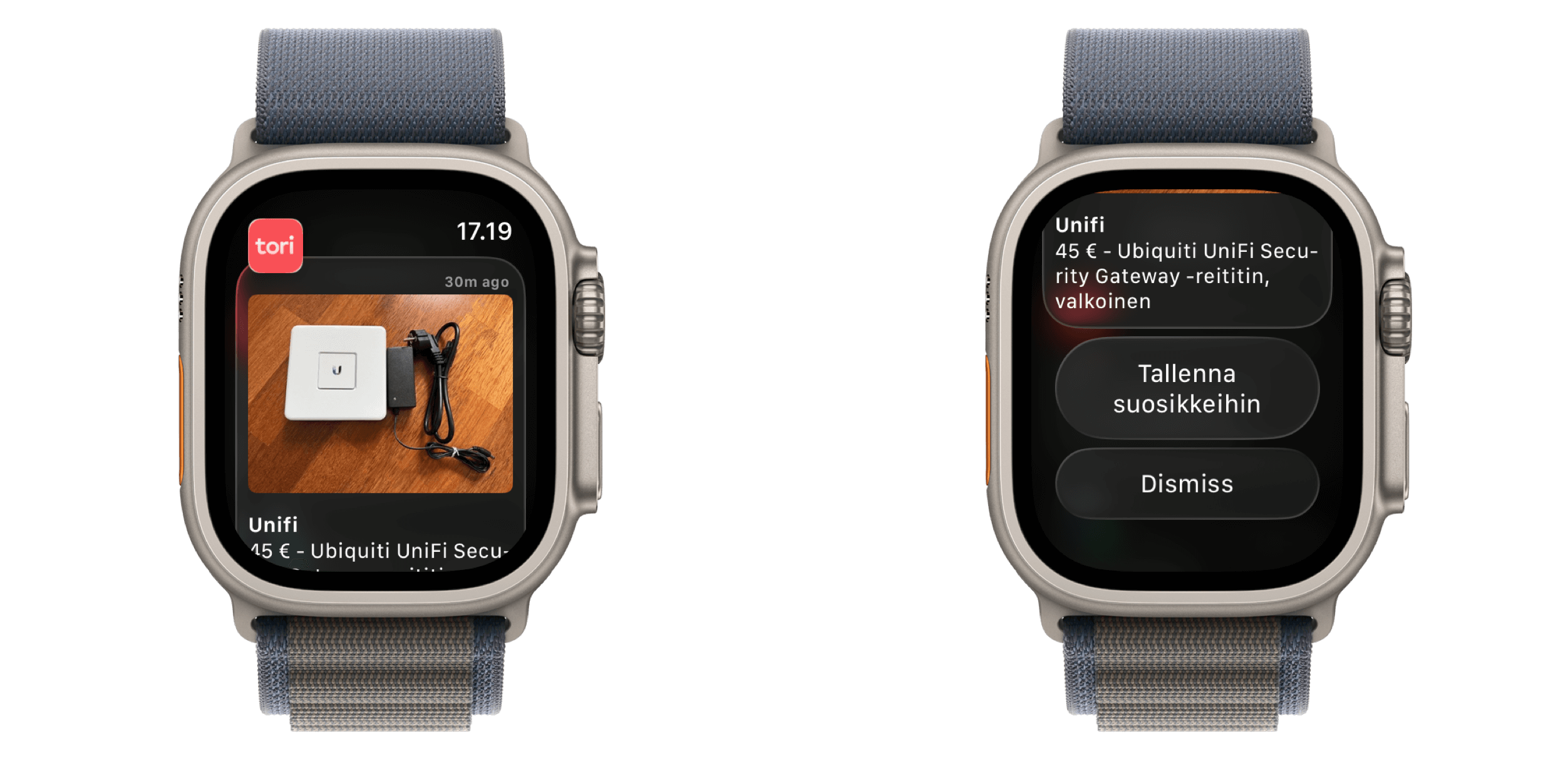 Two Apple Watch Ultra screens showing an online classifieds listing for a Unifi security gateway router; one shows a product image and basic listing info, the other shows details with options to save or dismiss.