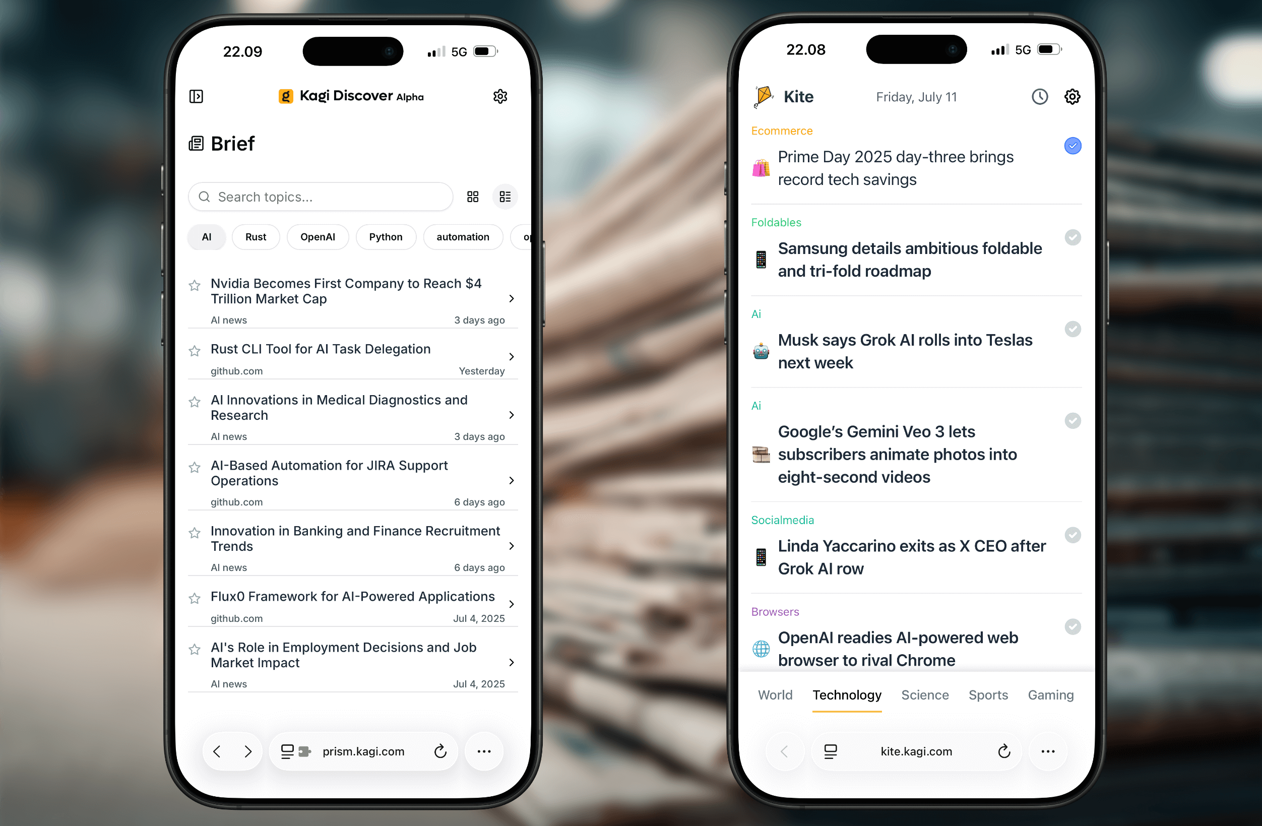 Two side-by-side mobile phone screen captures, both displaying Kagi search engine interfaces, one labeled "Brief" and the other "Kite". The Brief interface features news headlines with keywords like AI, Rust, and OpenAI. The Kite interface shows news headlines categorized by topics like Ecommerce, AI, Foldables, and Social Media.