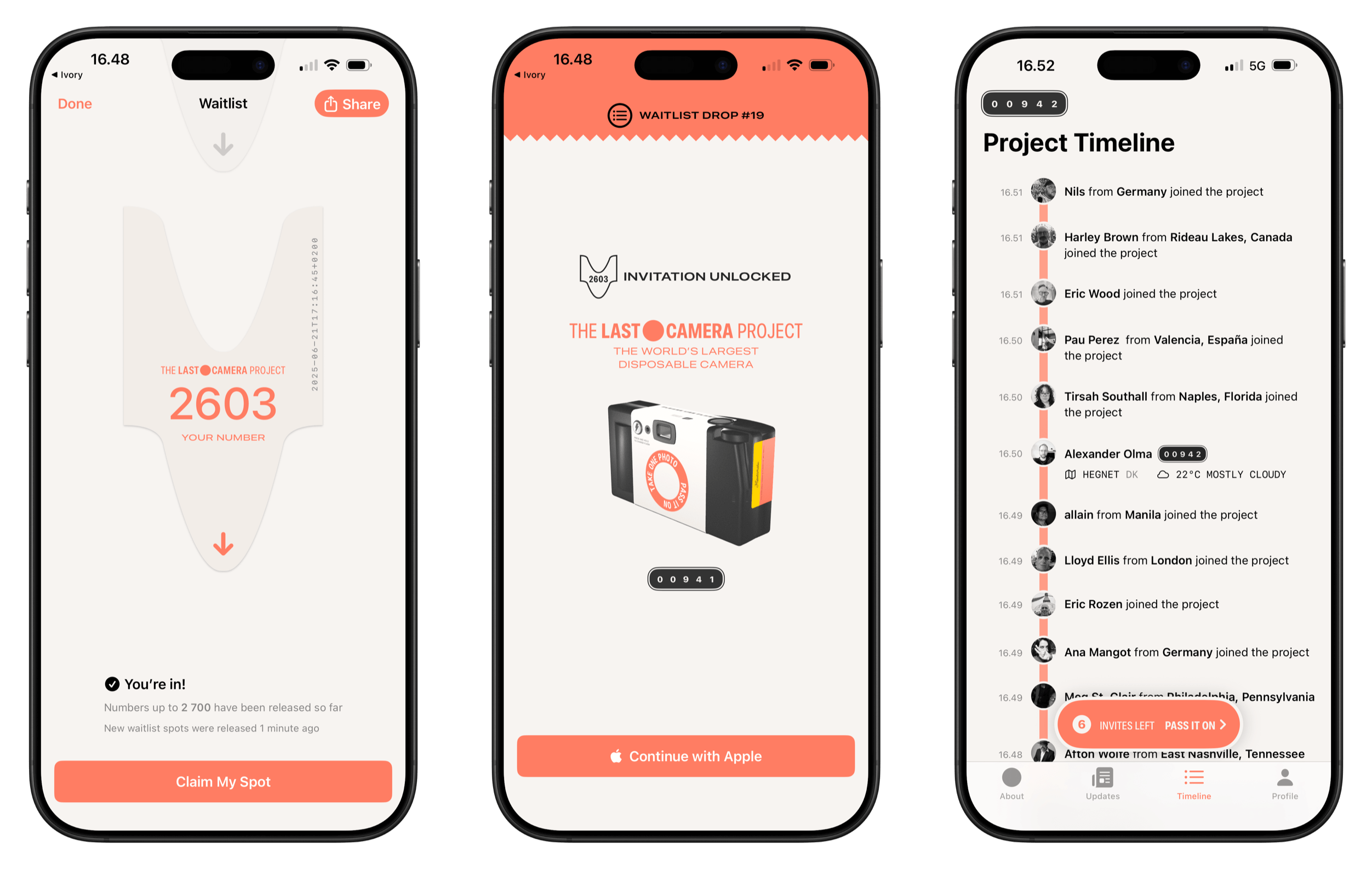 Three screenshots of a mobile app related to "The Last Camera Project". The first shows a user's waitlist number, a stylized visual, and options to "Claim My Spot". The second displays the "Waitlist Drop #19", an invitation unlock message, and a picture of the project's camera. The third depicts a "Project Timeline" with user's joining, and a button to "Pass it On".