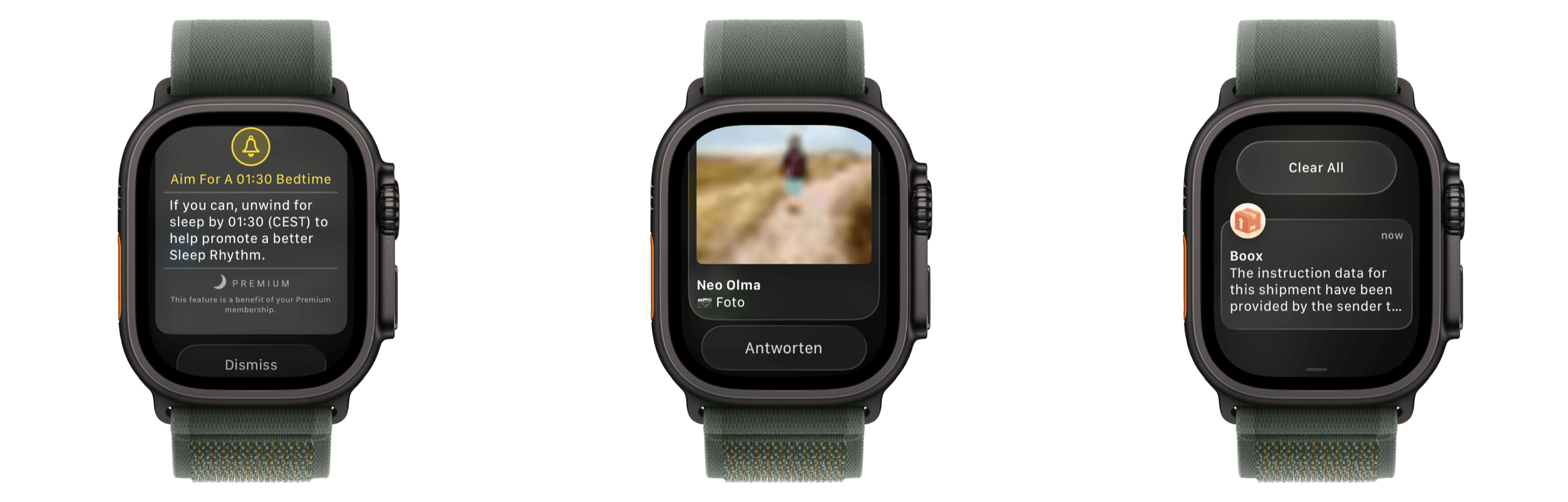 Three smartwatches with dark olive green straps and black watch faces displaying different notifications. The first watch shows a "Aim for 01:30 Bedtime" notification, with the label "PREMIUM". The second displays a photo by "Neo Olma" and offers the option to "Antworten". The third watch shows a notification from "Boox" with shipping information.