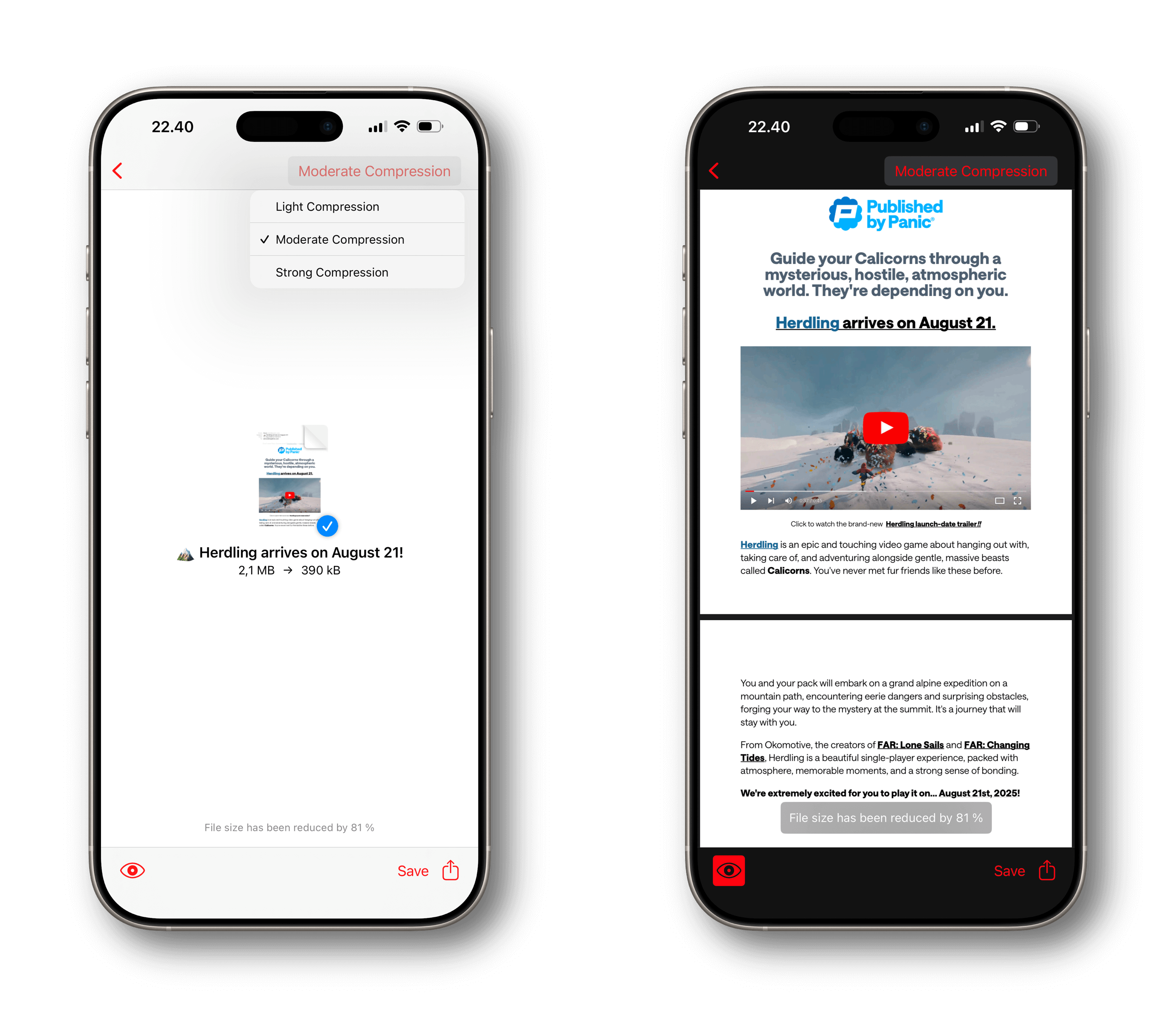 Two smartphones, each displaying an interface with the game "Herdling" launch date. The left screen shows moderate compression options with file size information. The right screen displays the game's announcement, the launch trailer, and a synopsis, highlighting the release date.