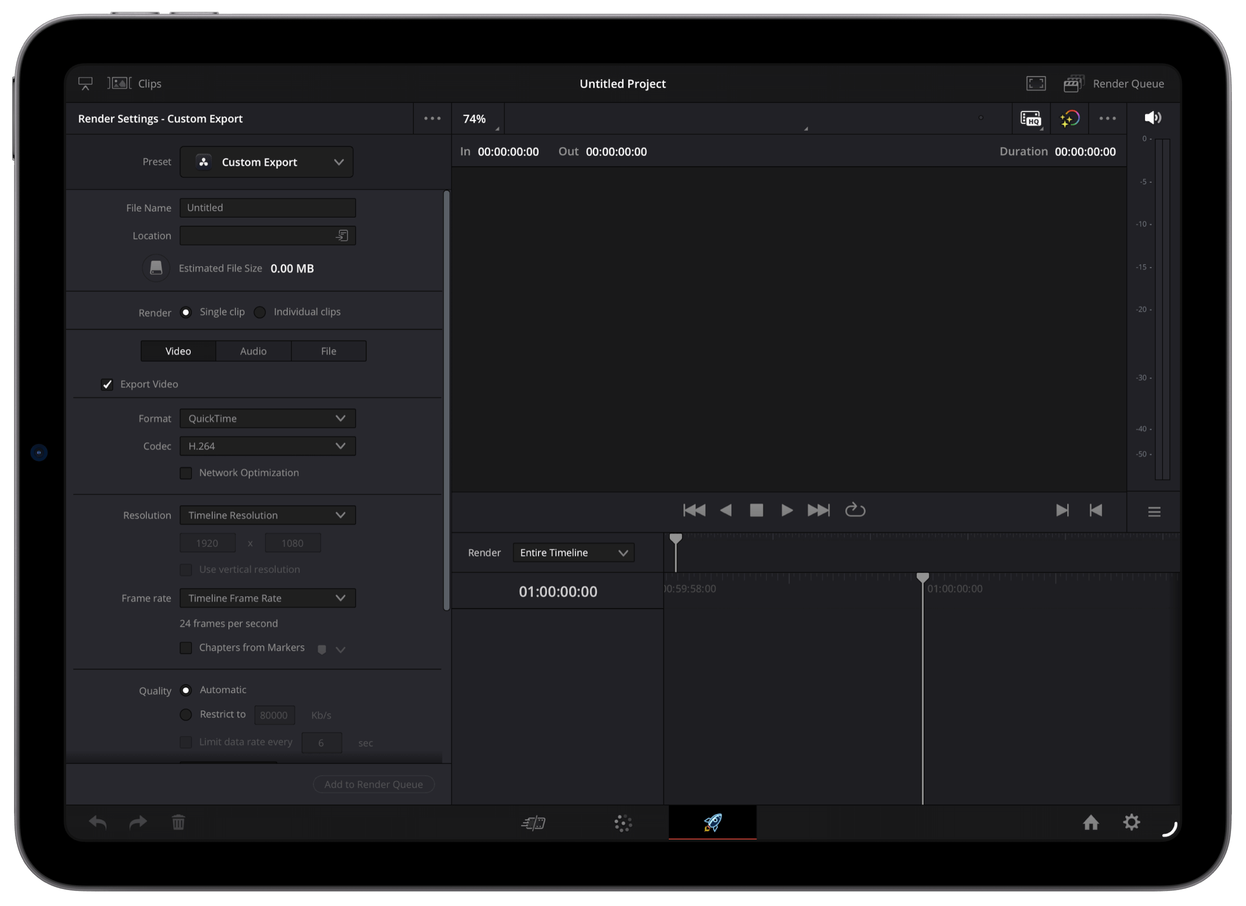 A tablet screen displaying the DaVinci Resolve video editing software's export settings panel, with a custom export preset selected, file name as "Untitled", and various video format, codec, and resolution options displayed. The interface also shows the timeline and render options.