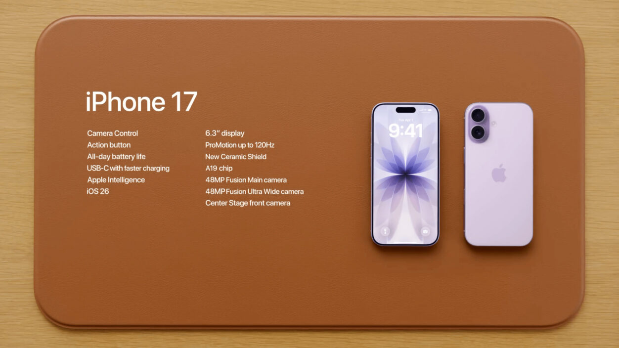 A promotional graphic showcasing a concept design for the iPhone 17. The design features two lavender-colored smartphone models, one displaying the lock screen. The image is set against a brown surface with the title "iPhone 17" and features of the phone, including features such as a 6.3" display, ProMotion, and A19 chip.