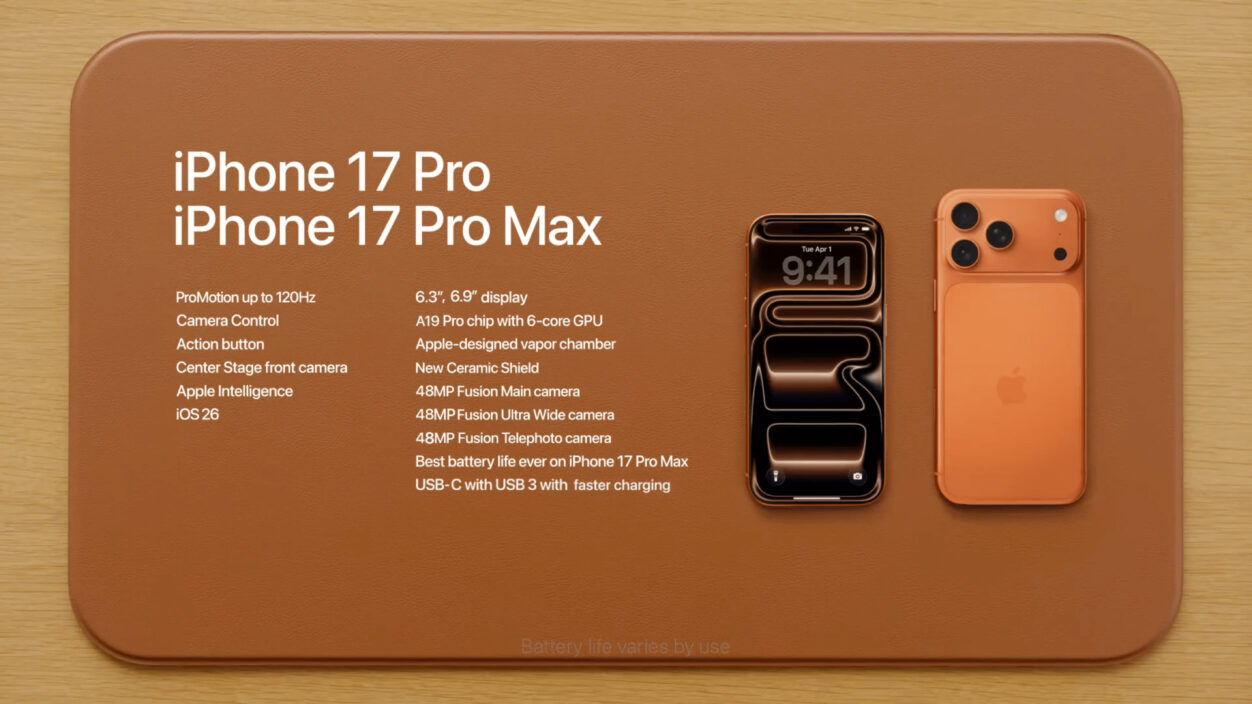 An orange-colored, stylized iPhone 17 Pro Max concept design on a brown, rounded rectangle surface, showcasing design features, including the name "iPhone 17 Pro, iPhone 17 Pro Max", features with a phone in display, with the time 9:41. The background includes key features such as ProMotion, a 120Hz display, new camera features, and battery details.