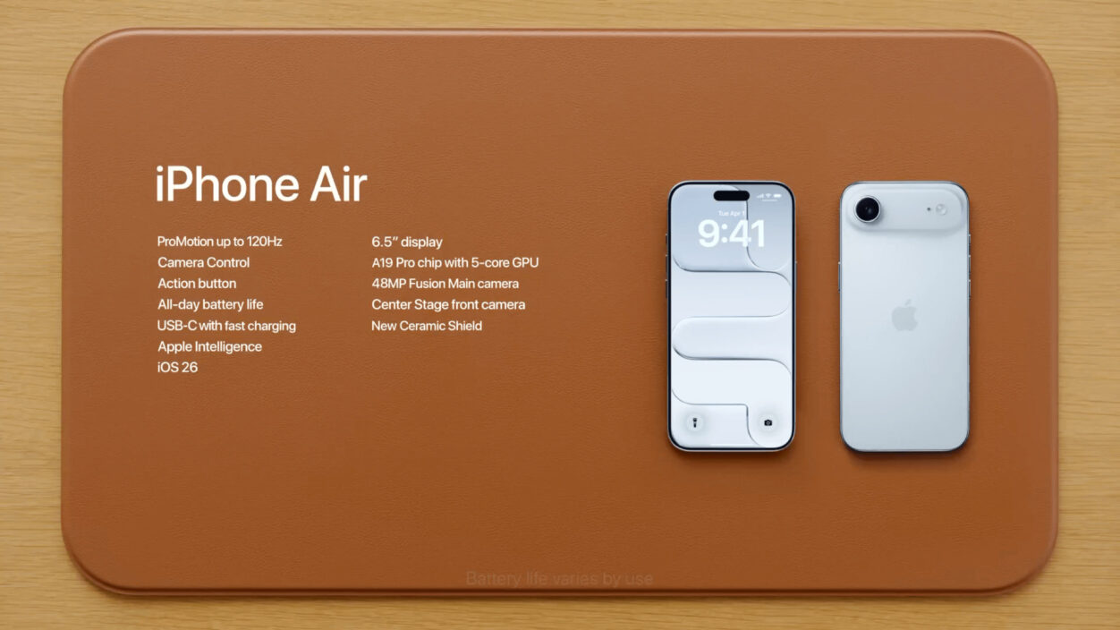 A promotional image for the "iPhone Air" with a light-gray device rendered on the right, and a device with an on-screen lock screen rendering on the left, placed on a brown leather-textured surface with a list of features in white text, including ProMotion, camera control, action button, all-day battery life, USB-C charging, and more.
