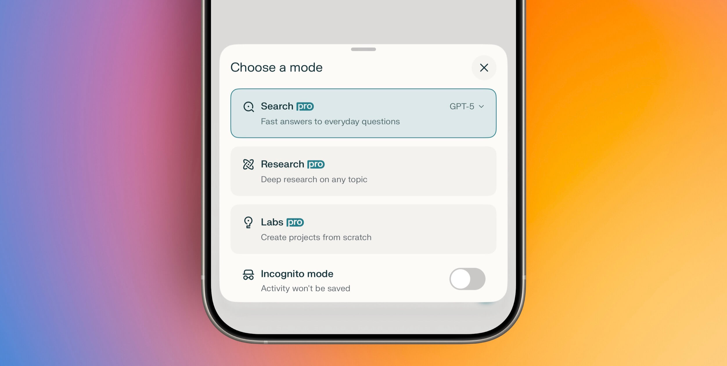 Mobile phone screen displaying a mode selection menu for an AI assistant, with options for "Search pro", "Research pro", "Labs pro", and "Incognito mode", against a blurred gradient background.
