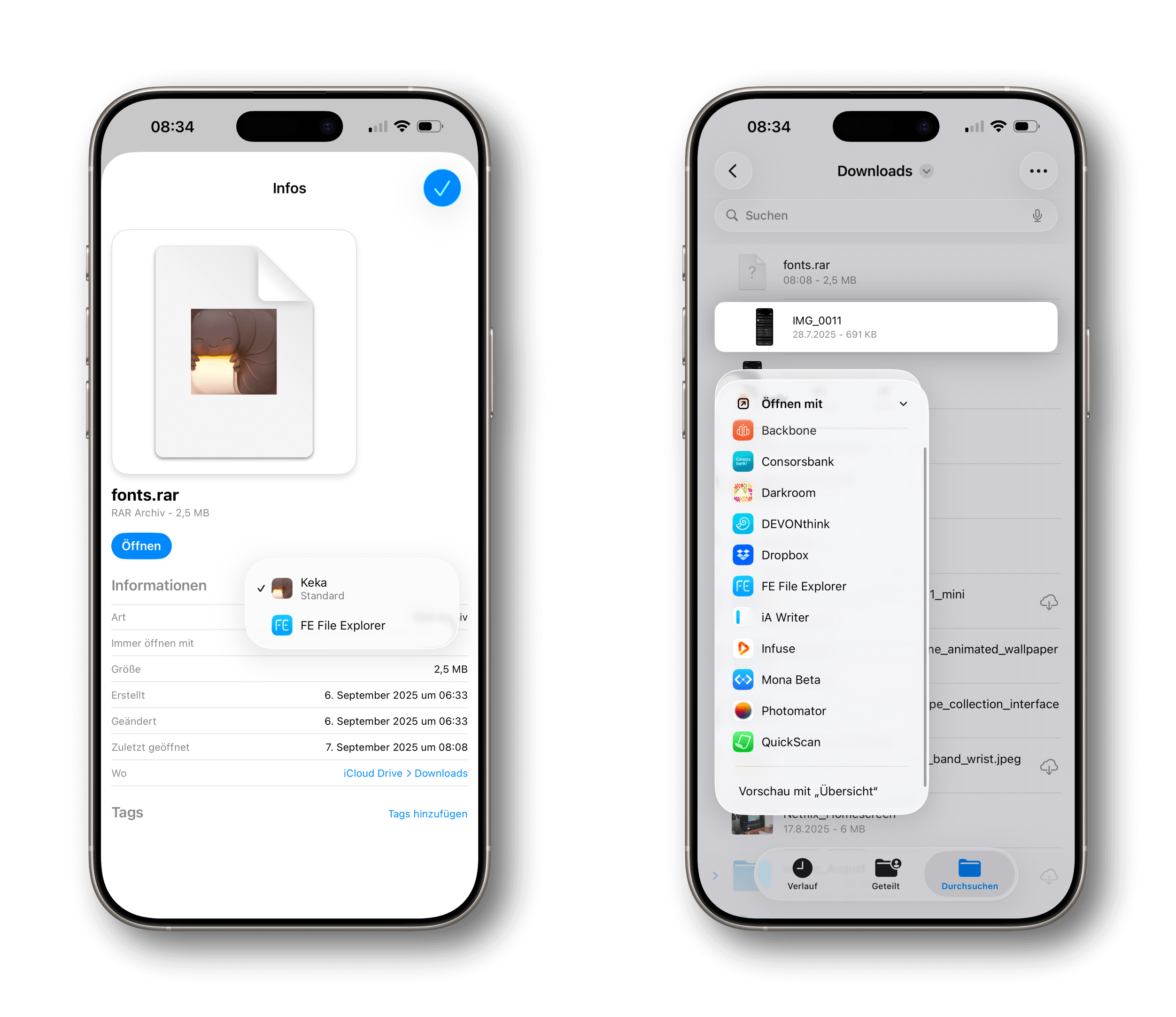 Two smartphone screens, showing the interface for file management. The first screen is displaying the 'Infos' section of a 'fonts.rar' archive file and the user has the file selected to be opened. The second screen shows the 'Downloads' folder, with a menu of available apps to open the same 'fonts.rar' file.