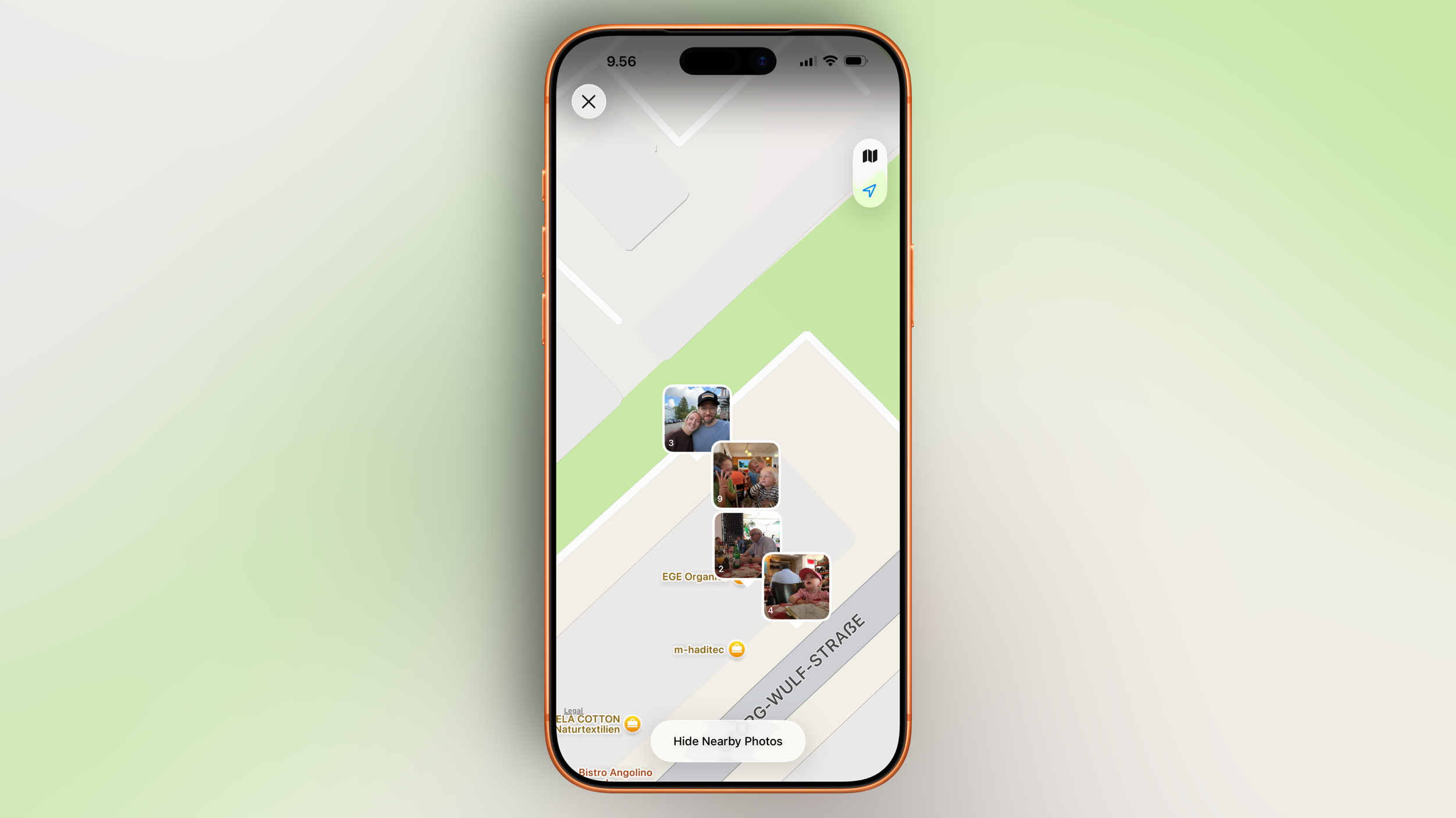 iPhone screen displaying a map with the option to hide nearby photos, featuring three photo thumbnails of people at various locations, overlaid on the map.
