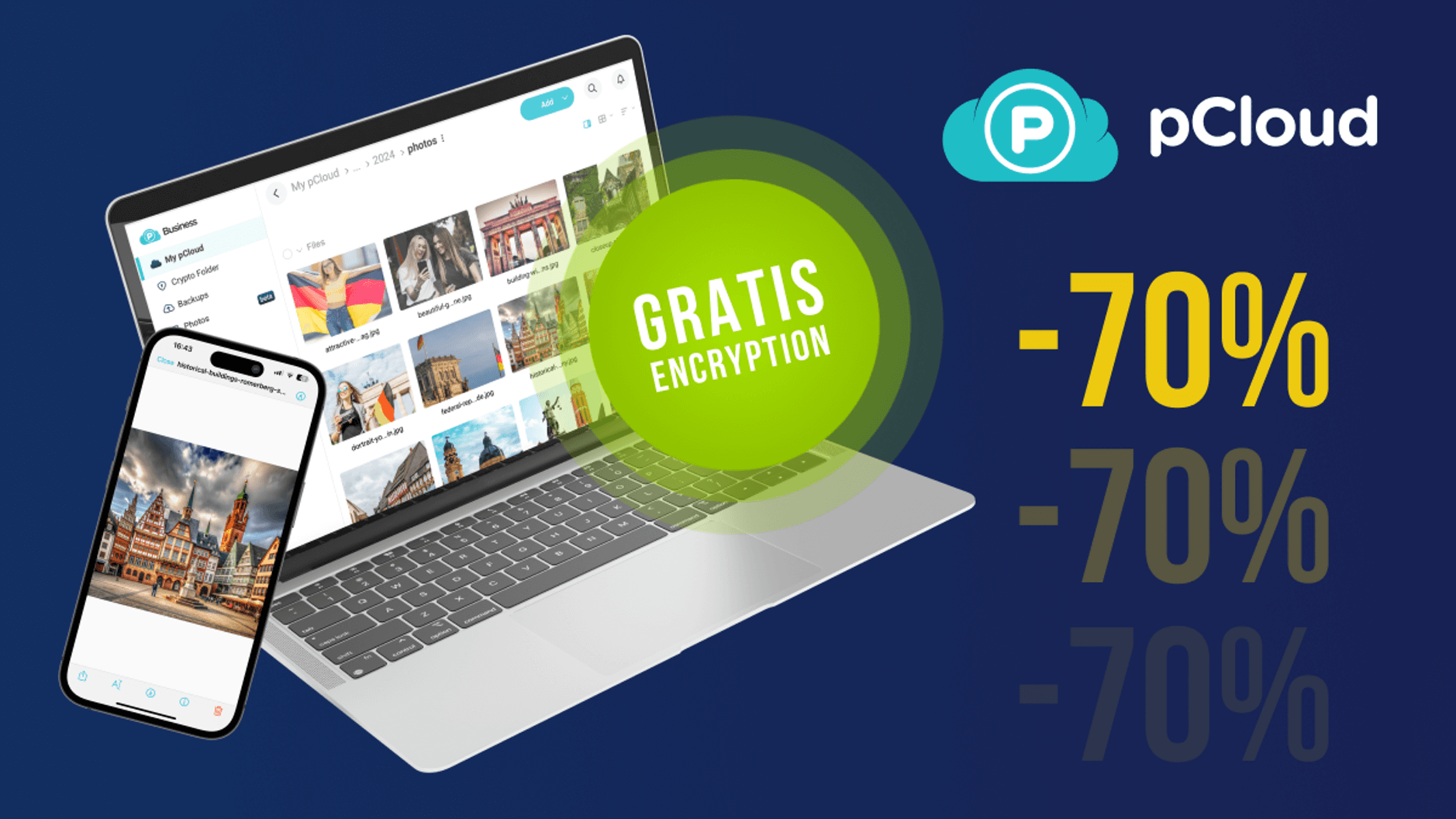 Laptop and smartphone displaying photos stored on pCloud cloud storage, with "GRATIS ENCRYPTION" message overlaid and a discount offer of -70%.
