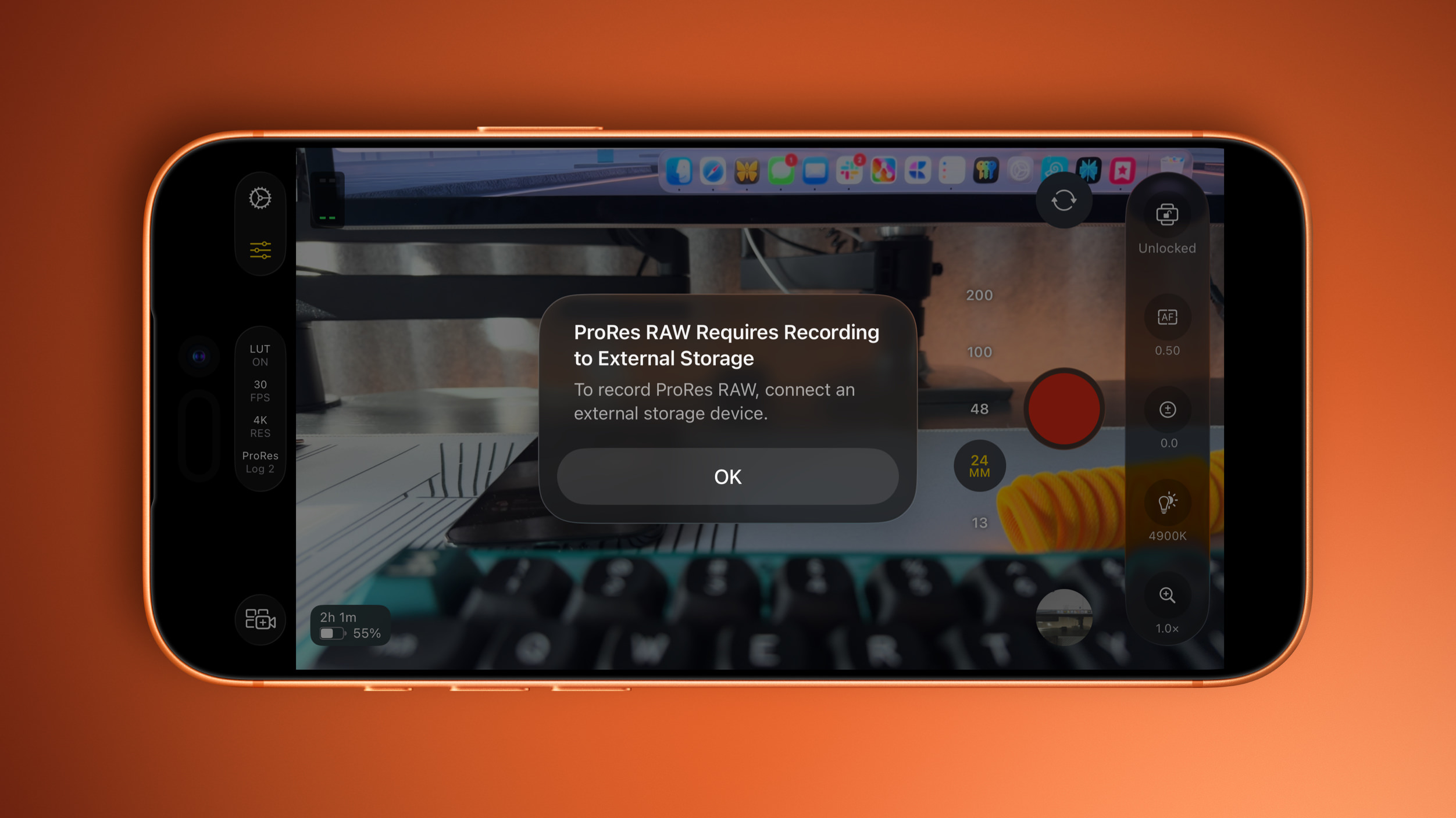 iPhone screen displaying a camera app interface with an overlay message: "ProRes RAW Requires Recording to External Storage. To record ProRes RAW, connect an external storage device." The screen has various camera controls visible, including recording parameters and settings.
