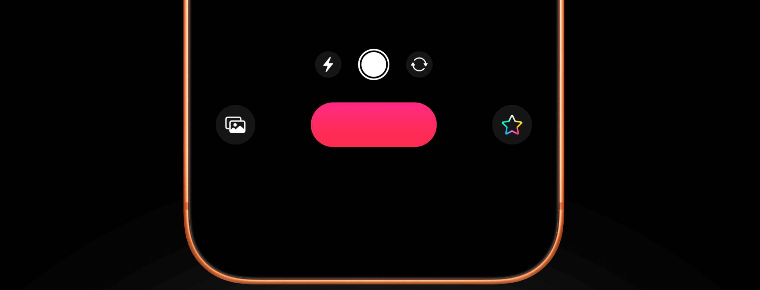 Smartphone camera interface with flash, flip camera, and video recording controls, with a large pink and orange gradient record button at the center.