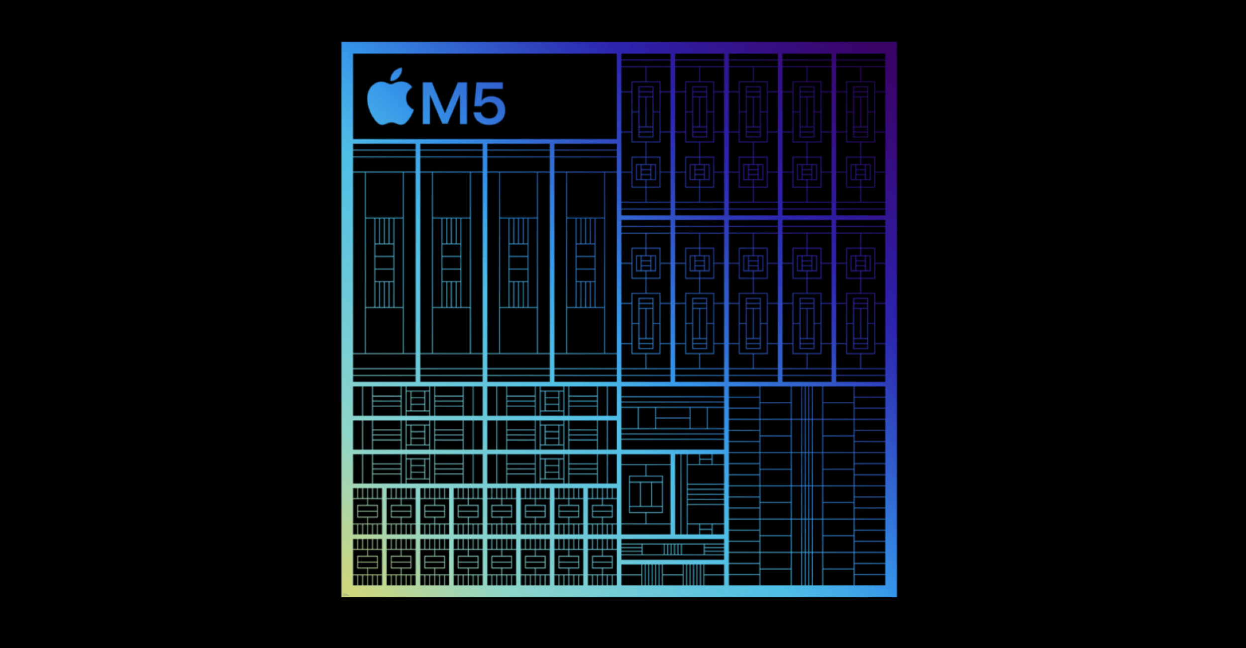 A stylized diagram of the Apple M5 chip, featuring an Apple logo and "M5" in a blue gradient box at the top left, with a complex layout of interconnecting rectangular and square elements in a gradient blue color on a black background.
