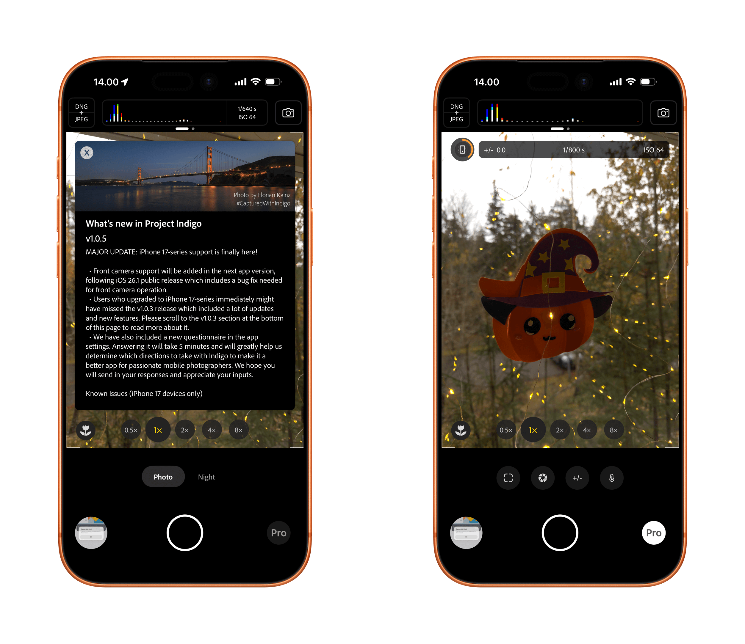 Two mockups of iPhone screens, with the left showing the release notes of "Project Indigo" camera app. The right screen has a Halloween theme, with an orange pumpkin with a witch hat, and the camera controls and other settings are displayed at the bottom of the screen.
