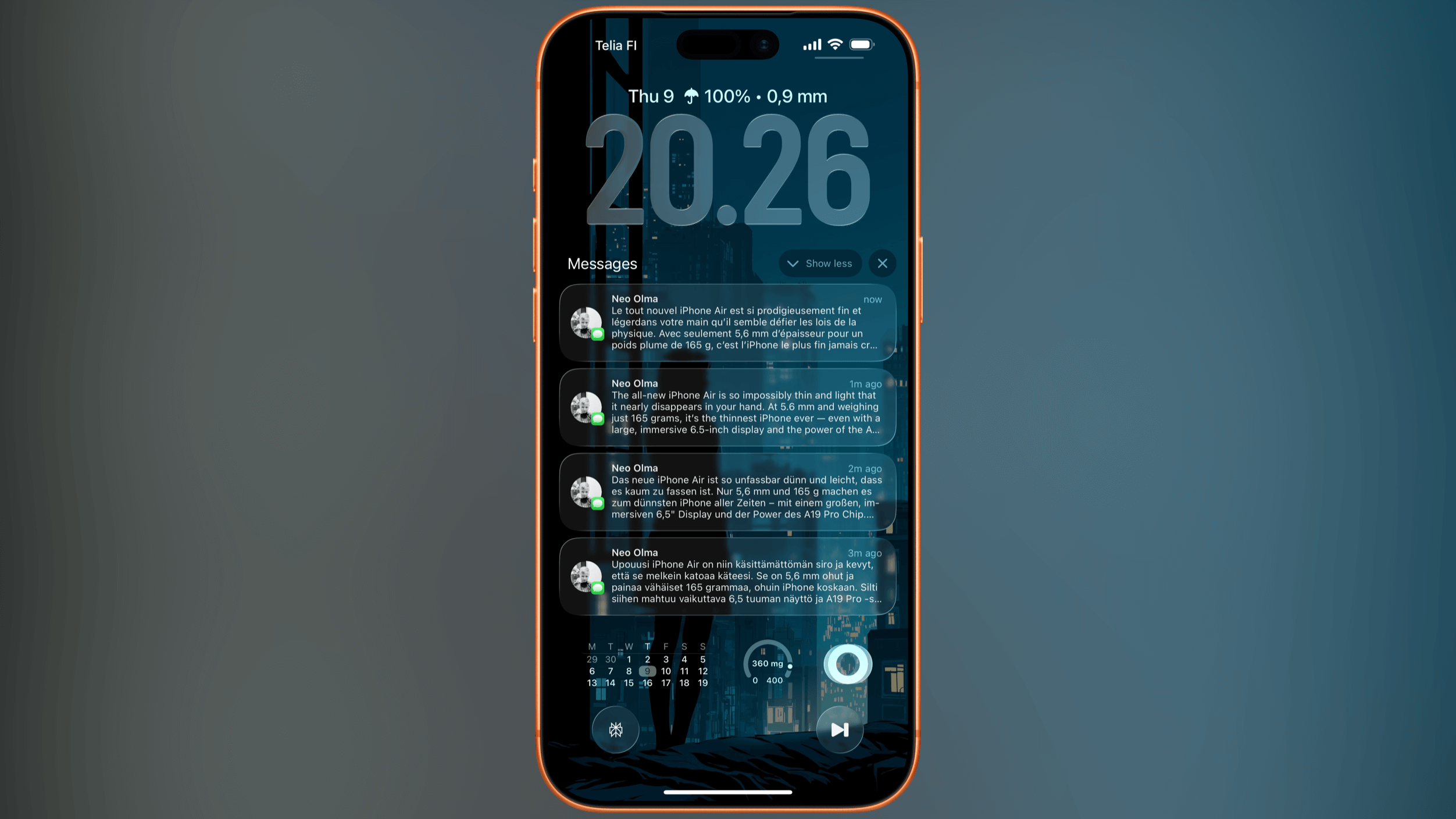 An iPhone screen displays the time, battery life, and a scrolling series of text messages from "Neo Olma" in English, French, German, and Finnish, advertising the features of the iPhone Air. The display has a dark blue background with a blurred cityscape behind it. The phone has an orange border.
