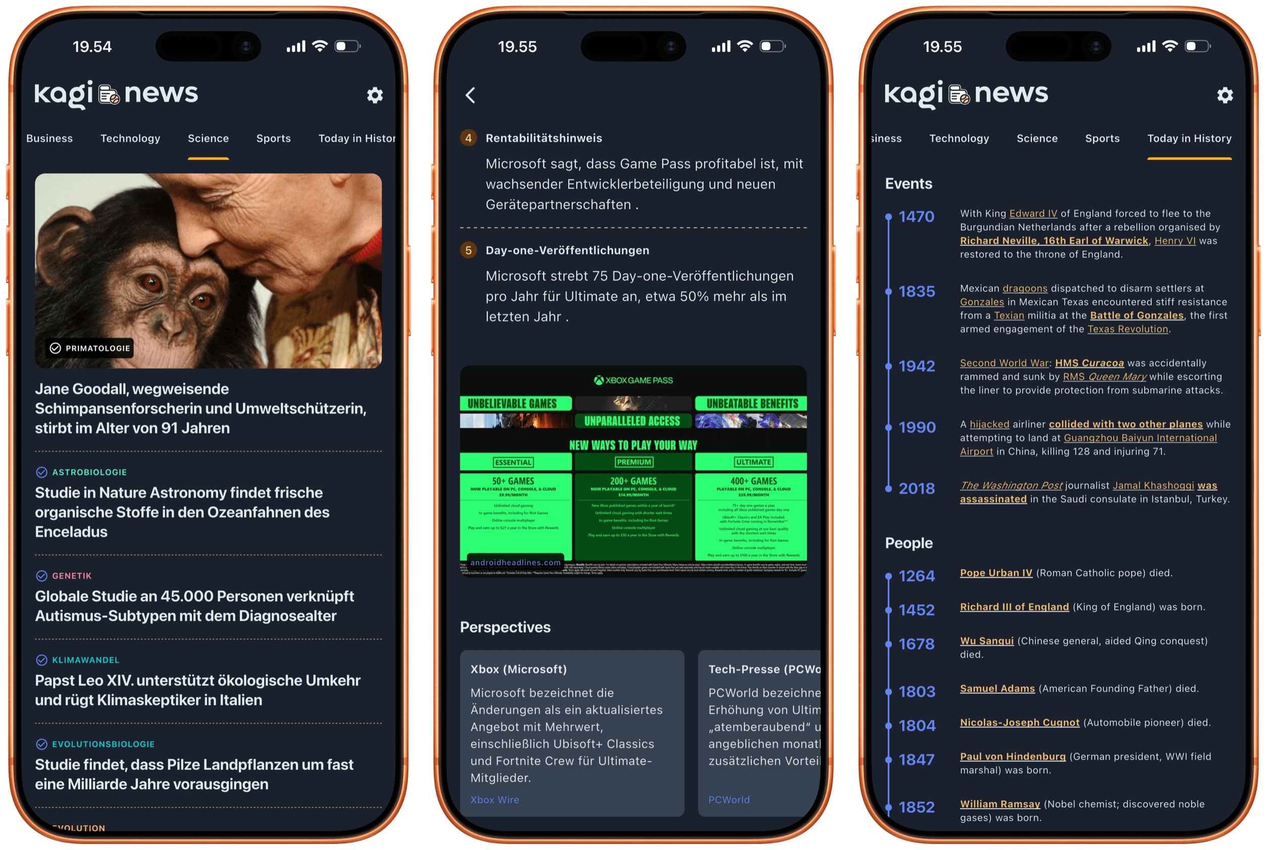 A mobile phone displaying the "Kagi News" app with three tabs: "business," "technology," and "science." The main screen shows news on the left side about primatology with an image of a chimpanzee with a person's face near to the chimpanzee's head. On the center side of the screen displays a "Day-one-Veröffentlichungen" section along with a Microsoft Xbox Game Pass graphic below which displays the different tiers of the service: "Essential," "Premium," and "Ultimate." On the right side, there's a timeline of events and people.

