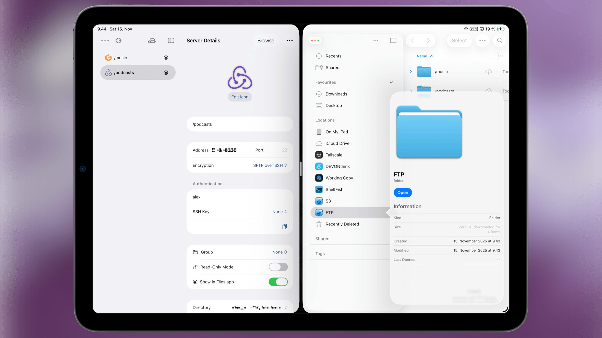 Tablet screen displaying two side-by-side app windows. The left window shows "Server Details" for a podcasts server, with settings for "Address", "Port 22", "Encryption SFTP over SSH", "Authentication", "SSH Key", "Group None", "Read-Only Mode" toggle, and "Show in Files app" toggle. The right window shows a file explorer browsing an FTP folder with the contents of "/podcasts" folder shown and an FTP folder "Open" button, further options available.
