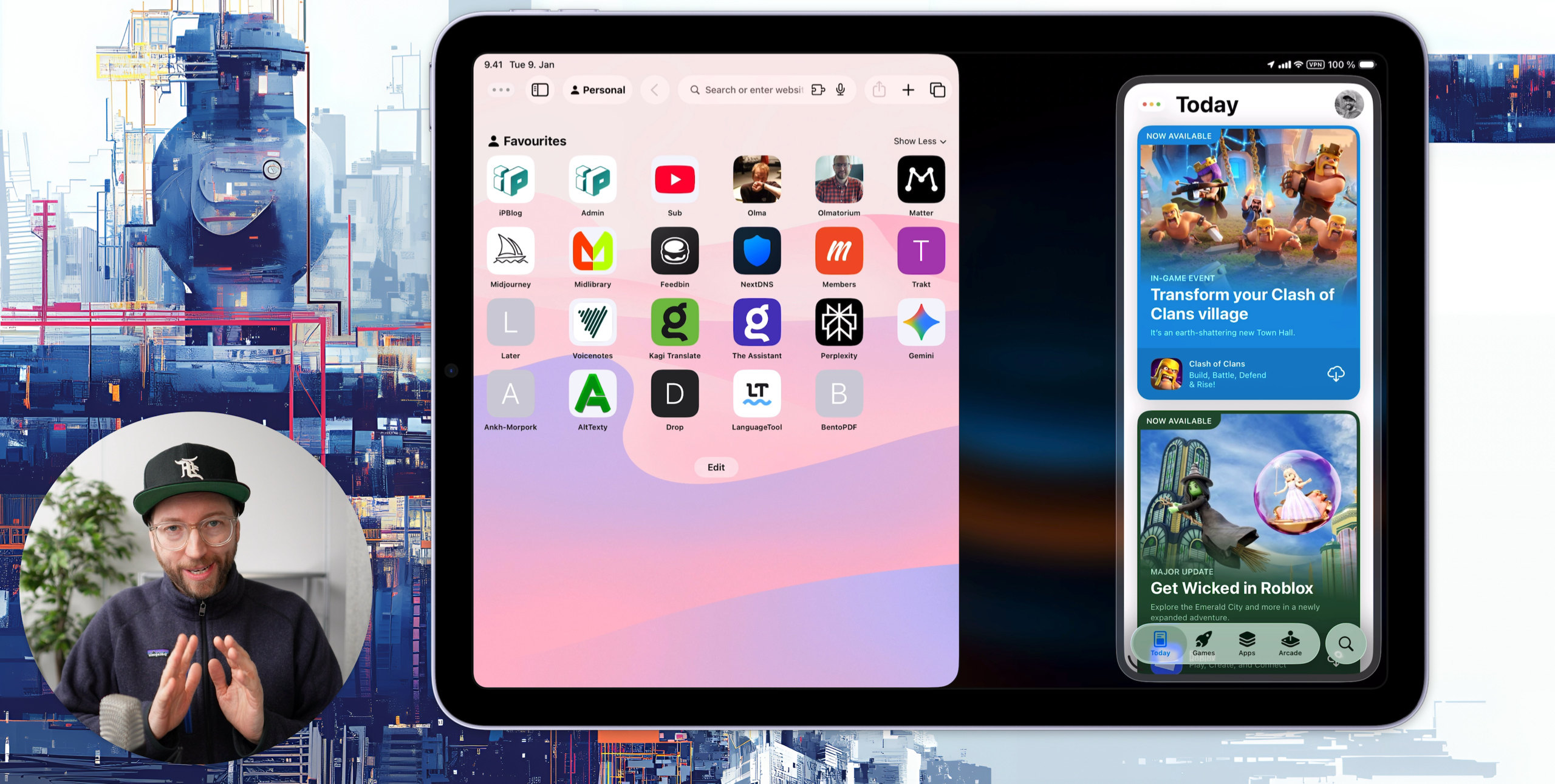 A man in a baseball cap with a logo and glasses gestures towards a tablet with a split screen interface, with one side showing a personal favorites menu and the other displaying the Today section of an app store. The favorites include app icons such as YouTube, "Admin," and "Midjourney," while the app store features "Transform your Clash of Clans village" and "Get Wicked in Roblox" promotions. The background is a digital city scene.
