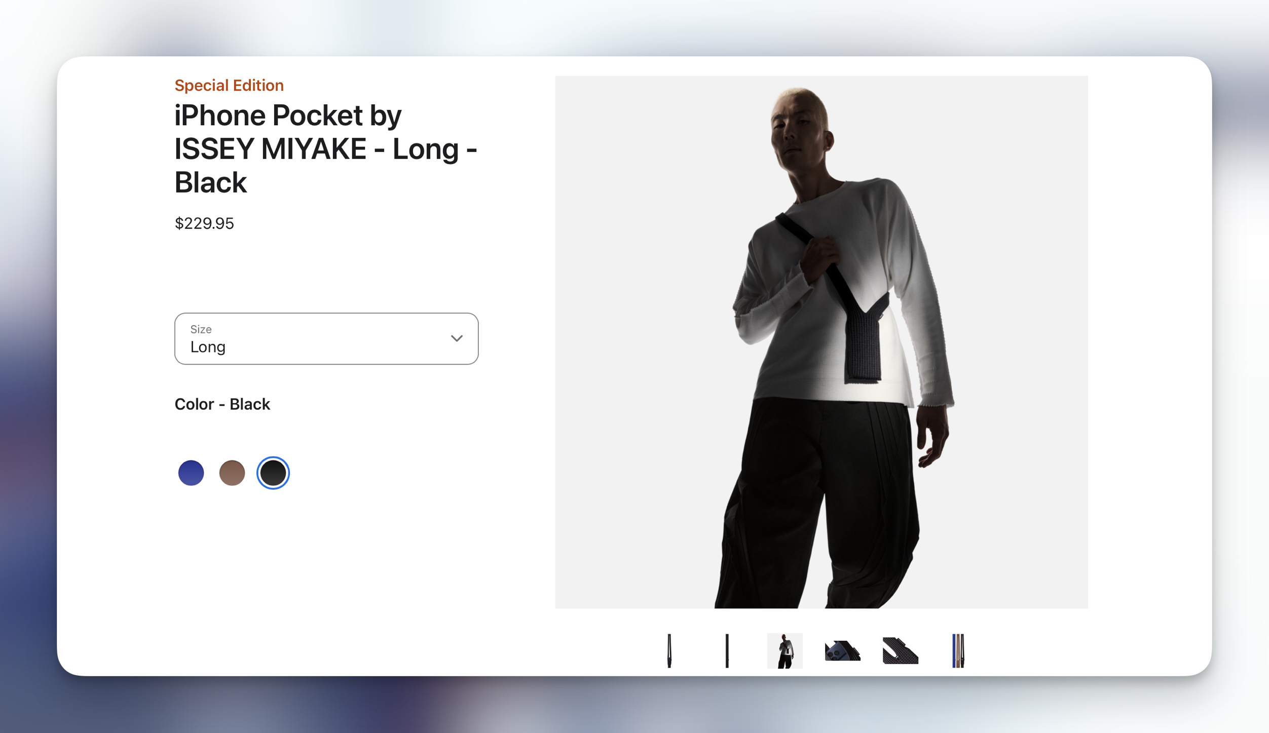 A product display for an "iPhone Pocket by ISSEY MIYAKE - Long - Black" for $229.95. A man wearing the pocket is showcased in a promotional shot. The product is black and is pictured hanging around the neck. There are color selection circles for blue, brown, and black.