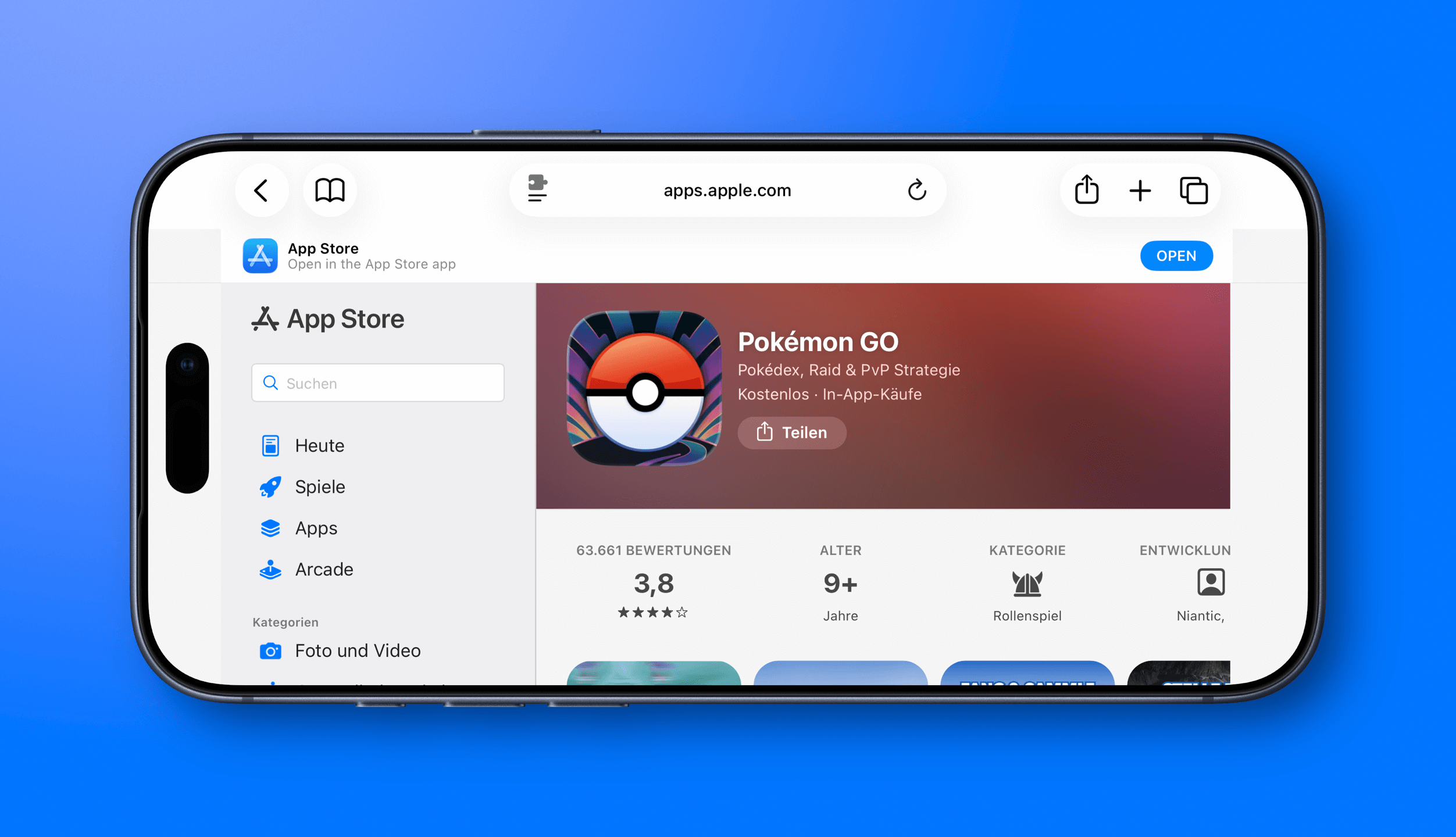Screenshot of an iPhone displaying the Apple App Store with the Pokémon GO app page open, showing the app icon, title, description, user rating, age rating, category, and developer.
