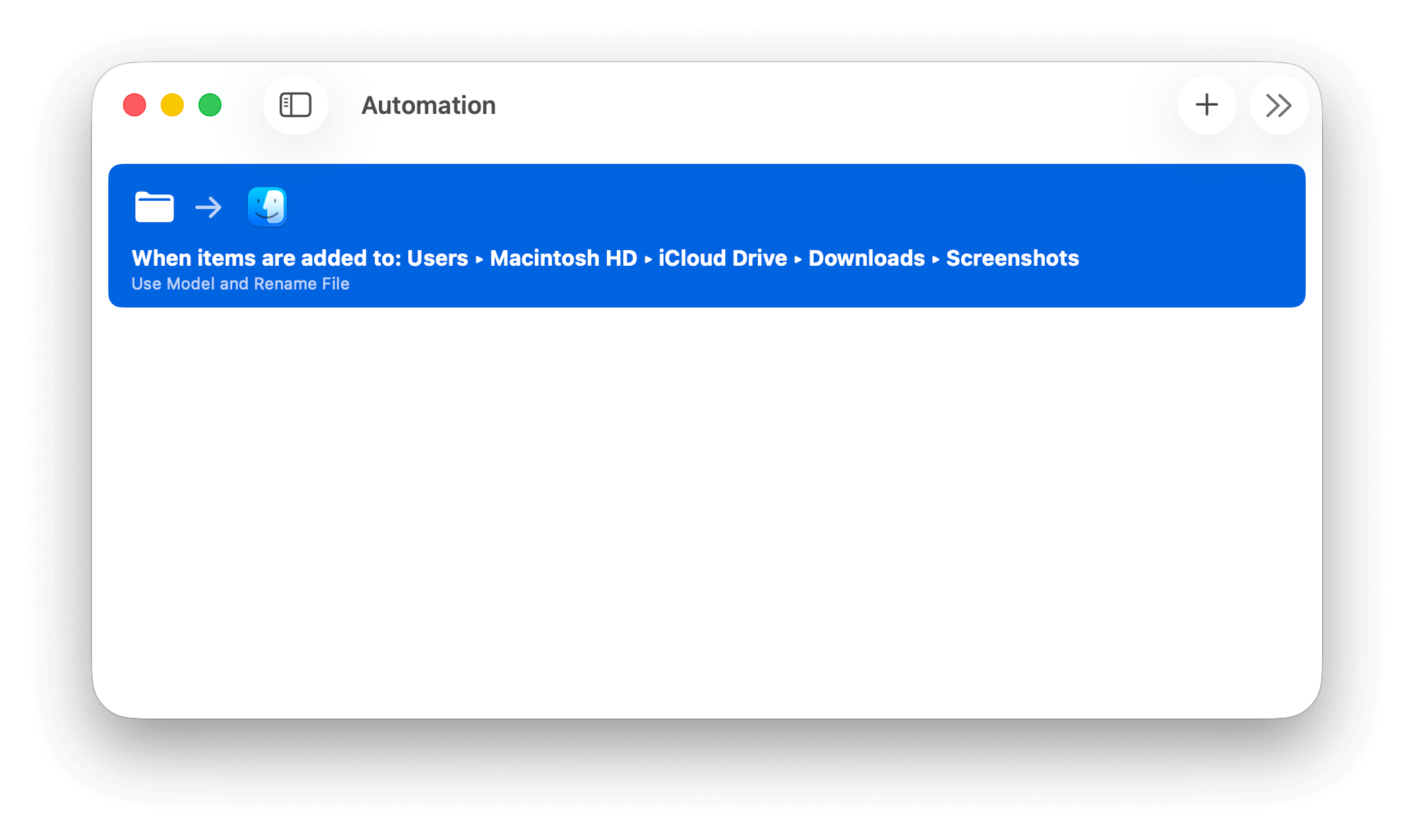 Benutzeroberfläche, die einen Automatisierungs-Workflow anzeigt, mit einer blauen Leiste, die Auslösebedingungen detailliert, einschließlich "Wenn Elemente hinzugefügt werden: Benutzer -> Macintosh HD -> iCloud Drive -> Downloads -> Screenshots" und einer Datei-Umbenennungsaktion.
