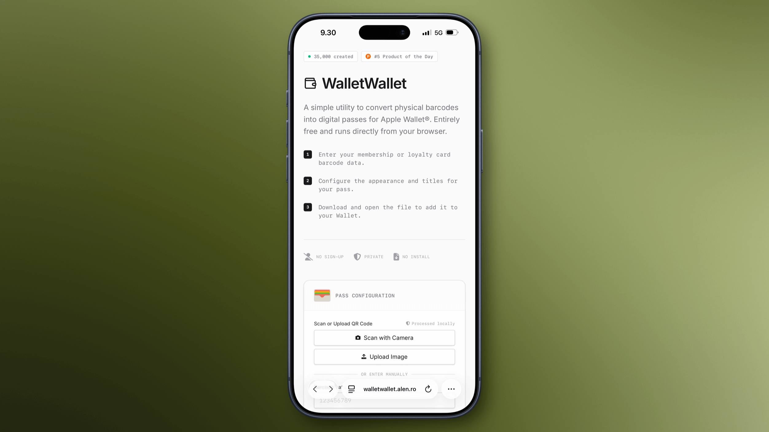 Smartphone screen displaying the WalletWallet website, a service to create digital passes for Apple Wallet; the screen shows an interface with options to scan a QR code, upload an image, and manually enter data.