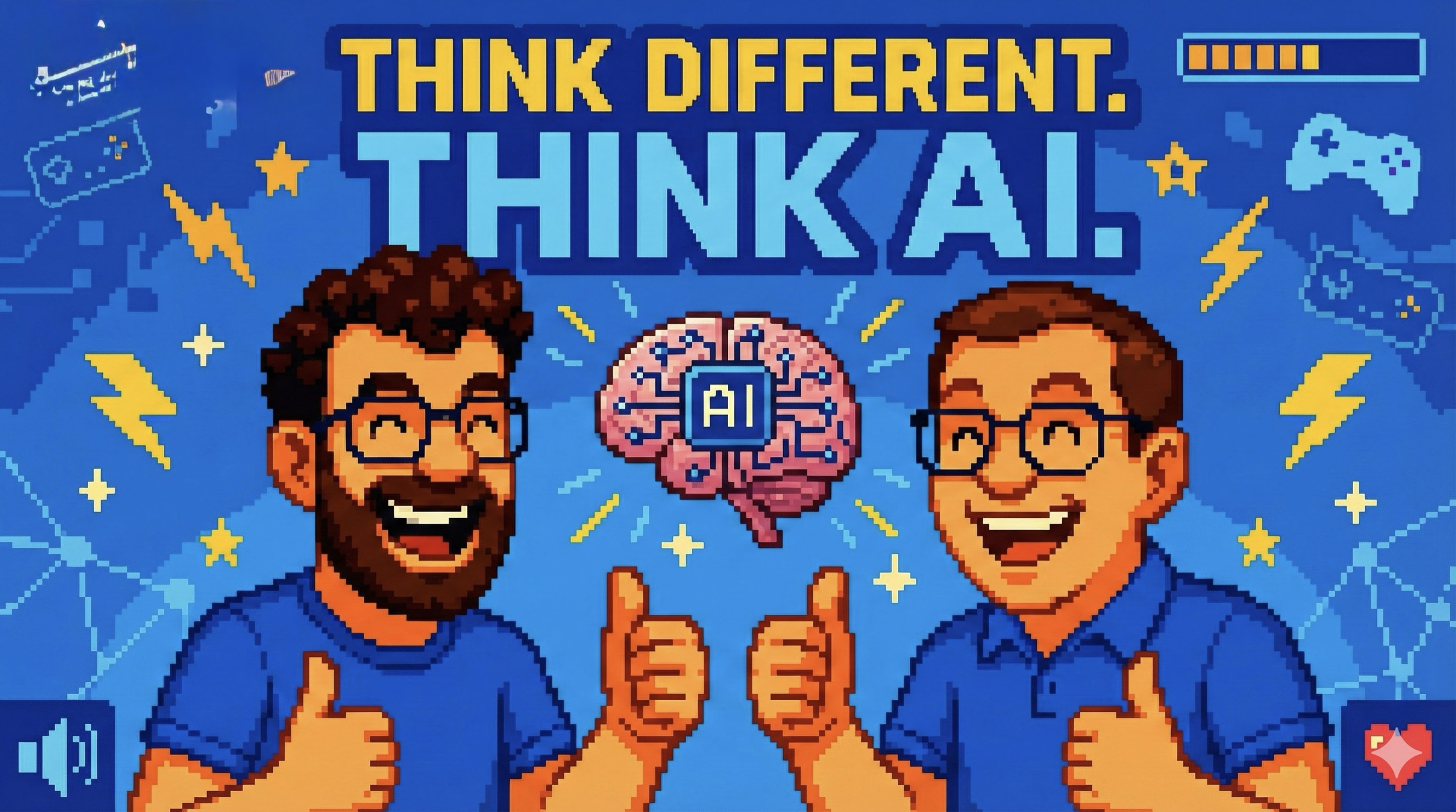 Pixelgrafik, die für "Denke anders. Denke KI." wirbt und zwei lächelnde Männer mit Brillen zeigt, die den Daumen hochhalten, eine Gehirngrafik mit einem "KI"-Chip und verschiedene blaue Pixelkunst-Elemente.